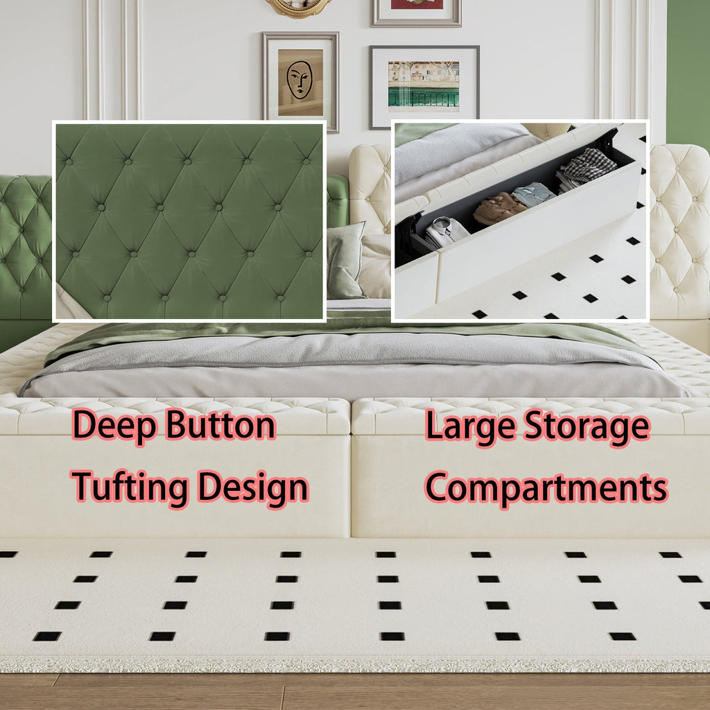 Contemporary Special-shaped Fully Upholstered Bed with Deep Button Tufting and Storage Compartments in Rails and Footboard,No Box Spring Needed,King,Beige