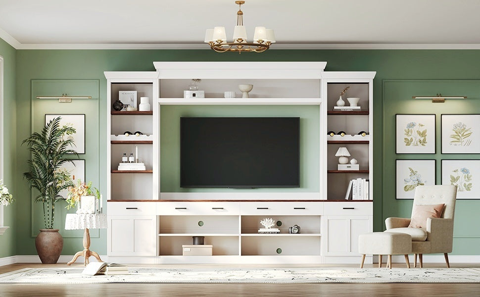 ON-TREND Farmhouse 4-Piece Entertainment Wall Unit Set with Bookshelf for TVs Up to 70', Walnut TV Stand with Adjustable Shelves, Mid-Century Large Media Console with Wine Rack for Living Room, White