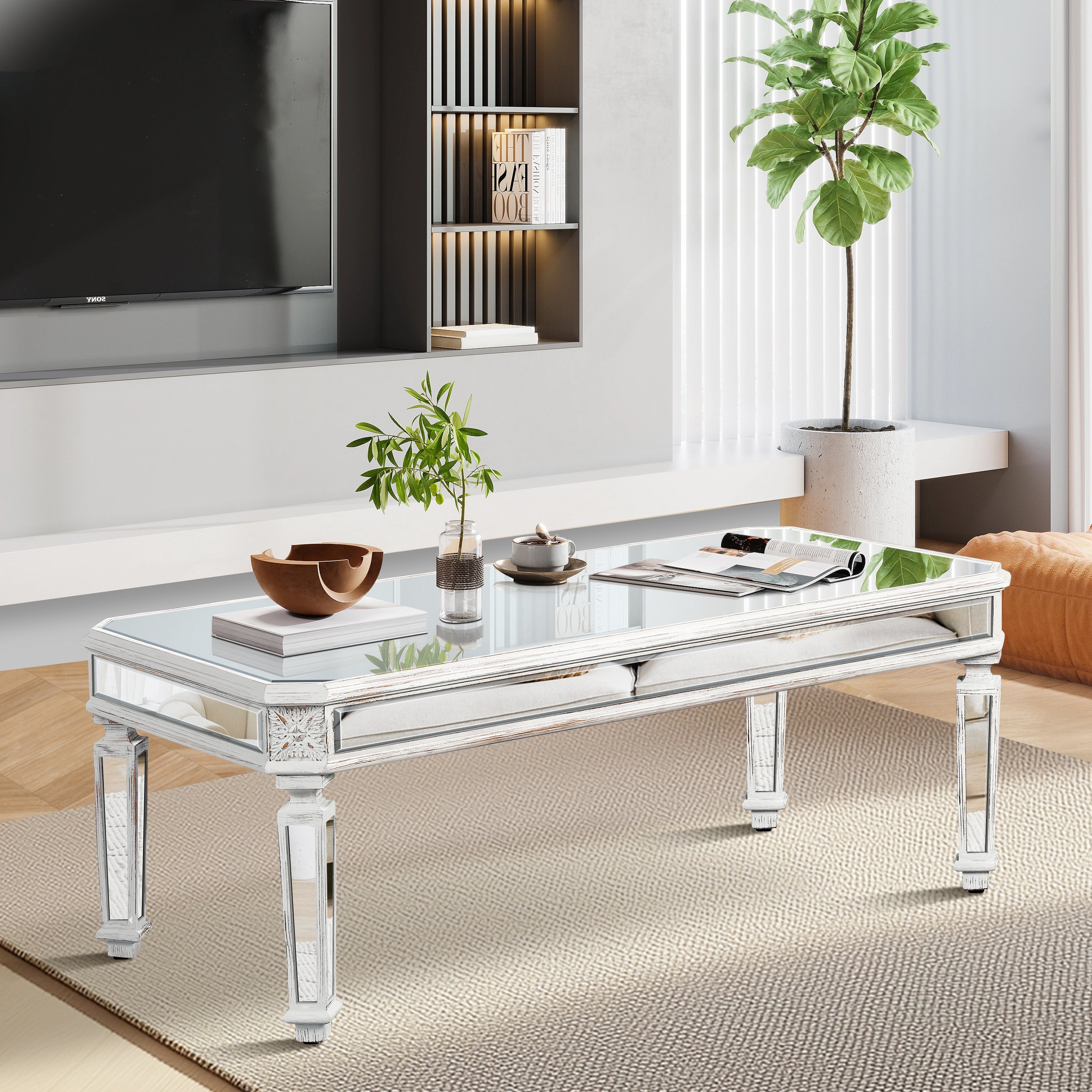 Silver Mirrored Coffee Table, Vintage Carved Elements, Rectangle Glass Tea Table with Mirrored Finish, Modern Center Table for Living Room and Office (24" D x 48" W x 18" H)