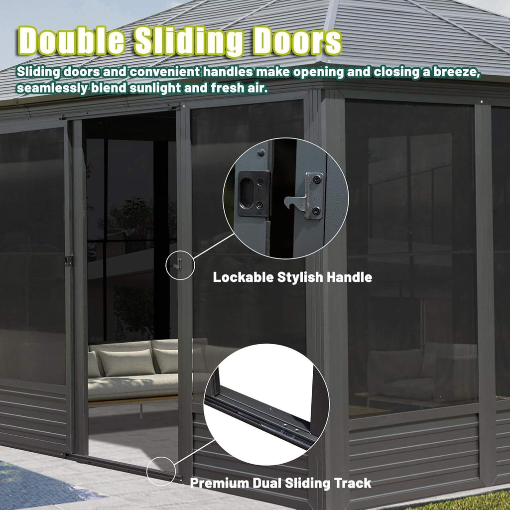 [11X14FT] Premium Four Season Outdoor Aluminum Hardtop Gazebo Sunroom With Galvanized Steel Roof, Sliding Doors And Movable PVC Screen Walls (SAK88776)