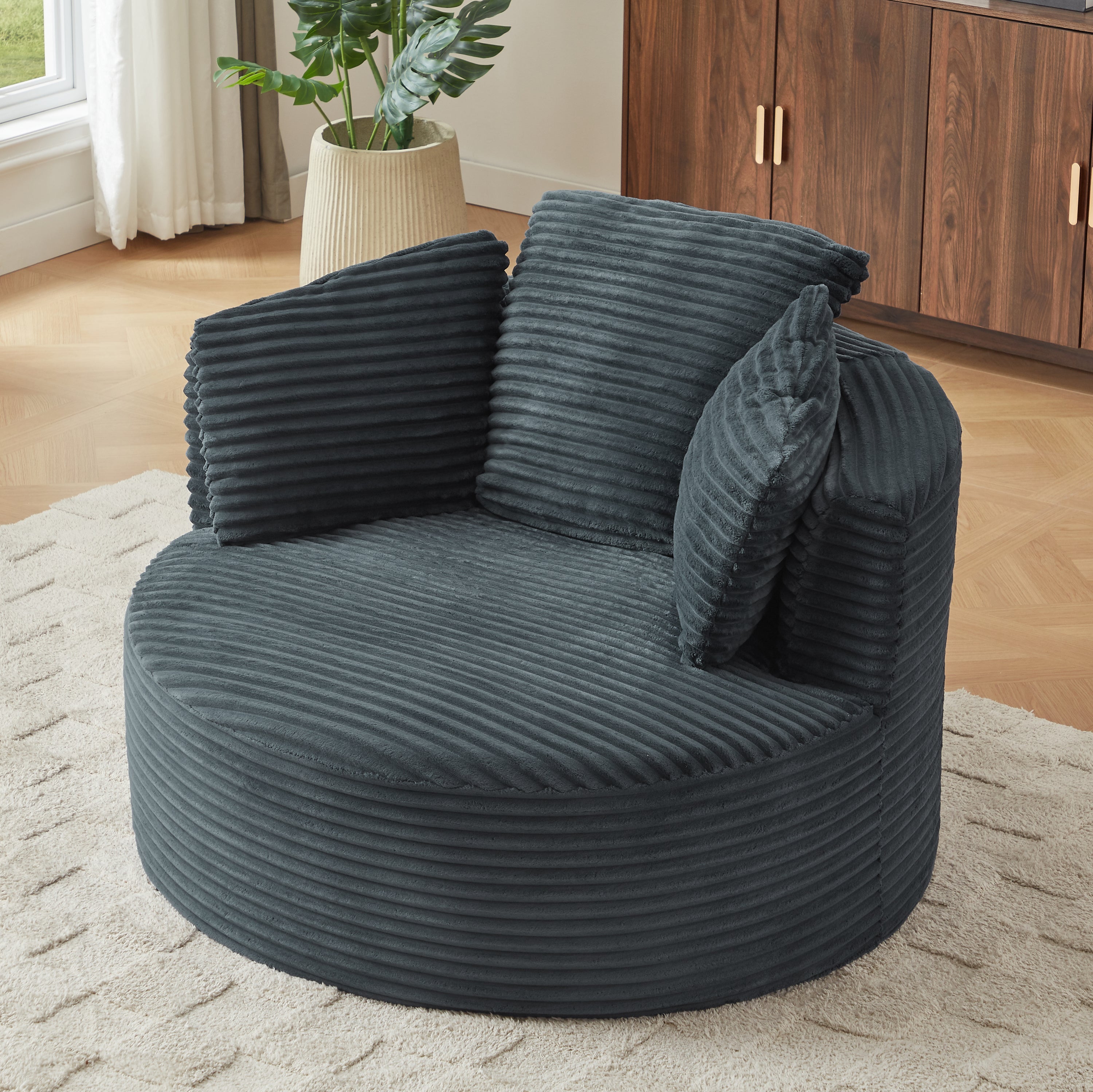 Compressible Corduroy Round Chair with Cushioned Backrest - Modern Comfort Seating for Living Room,Office,Apartment(no swivel)