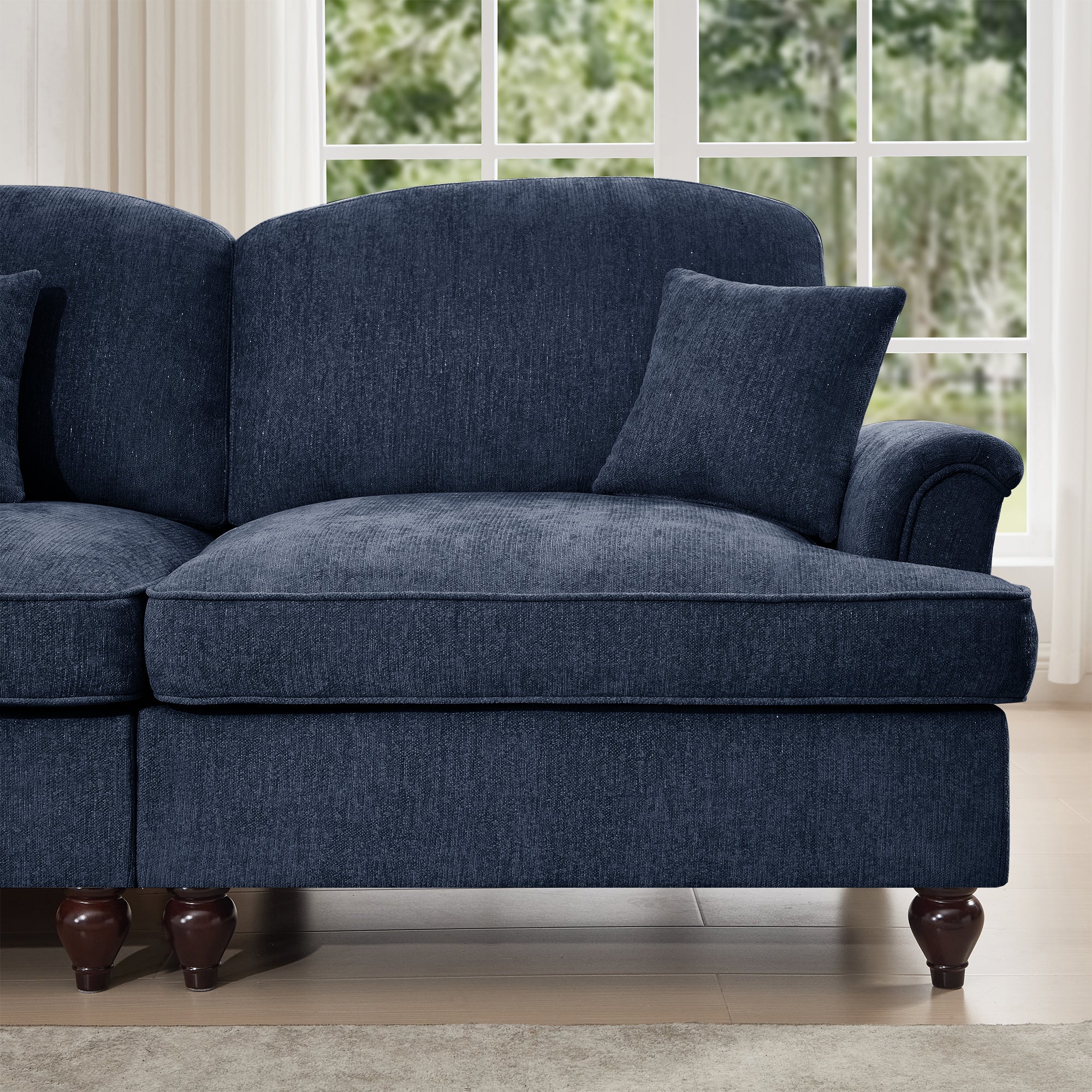 Classic Three Seater Modular L Shaped Sectional Couch with Flared Arms and Removable Ruffles Pleats Skirts and Spindle Legs, Comfy Chenille Four-Seat Deep Seat Sofa with Movable Ottoman, Blue