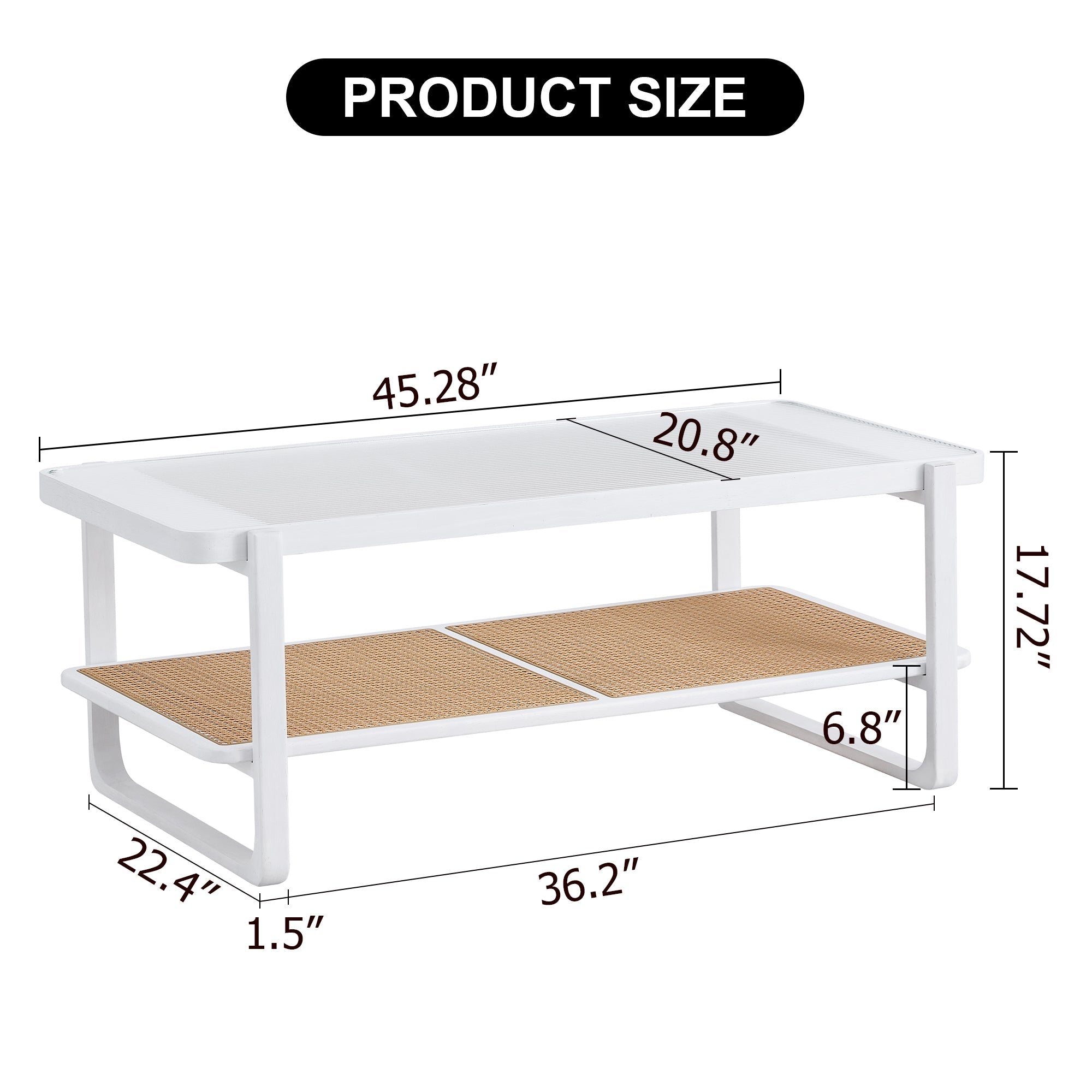 Modern minimalist white double layered solid wood coffee table. Glass tabletop, imitation rattan  edge table. Rectangular table suitable for living room, dining room, and bedroom