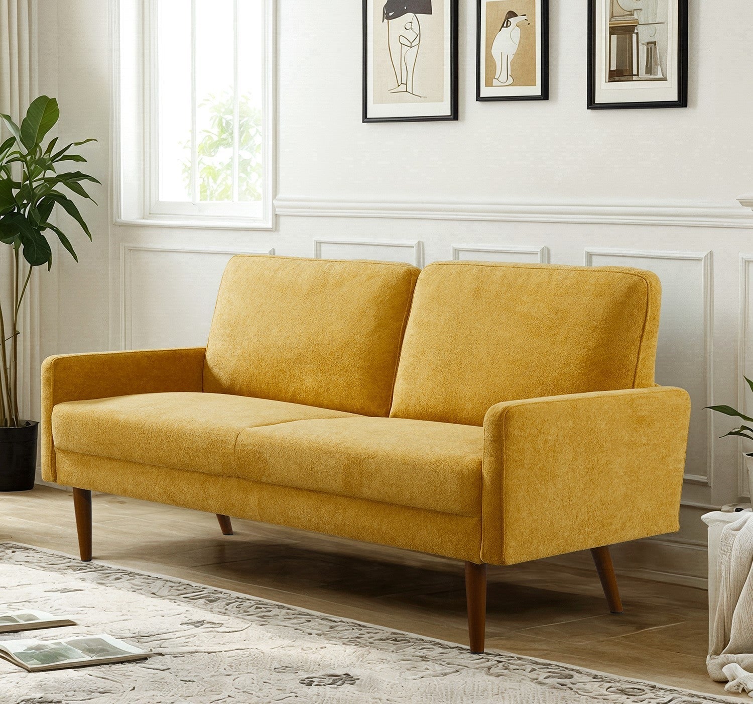 Velvet Sofa, European Style with Sleek Design, Modern & Vintage Flair, Upholstered 3 Seater Couch, Chic Living Room Furniture Seating for Home, Apartment or Office, Mustard Yellow