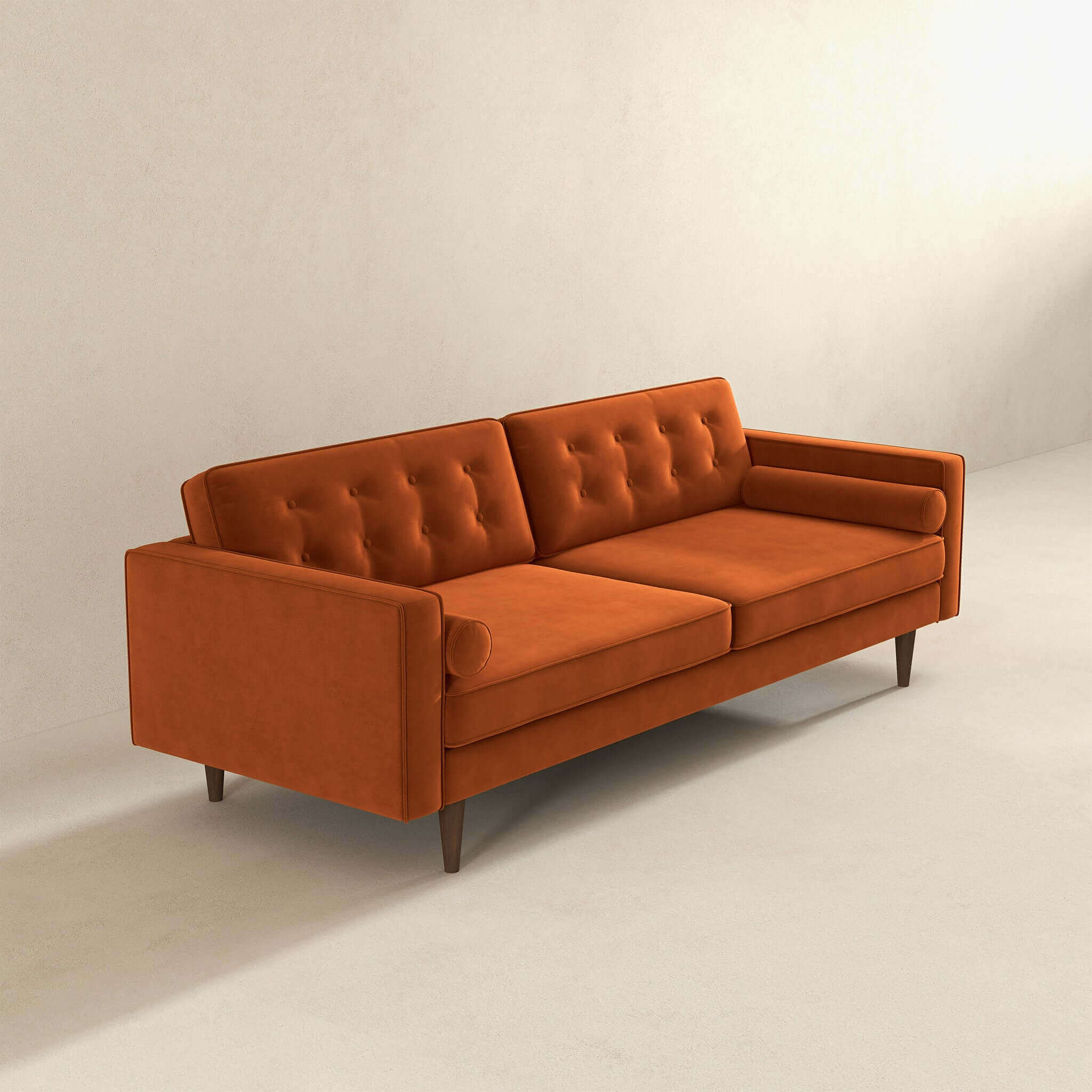 Mid Century Modern Design Burnt Orange Velvet Sofa