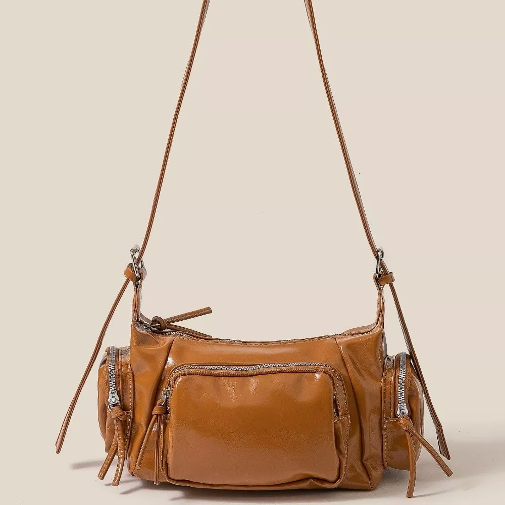 Fame Glossy Faux Leather Multi Pocket Hand Bag