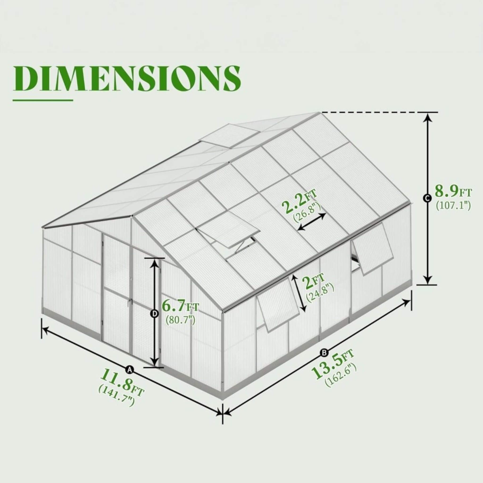 [12x13.5FT] Premium Extra Large Outdoor Aluminum Poylcarbonate Greenhouse With Quick Connect Fitting (SAK63725)