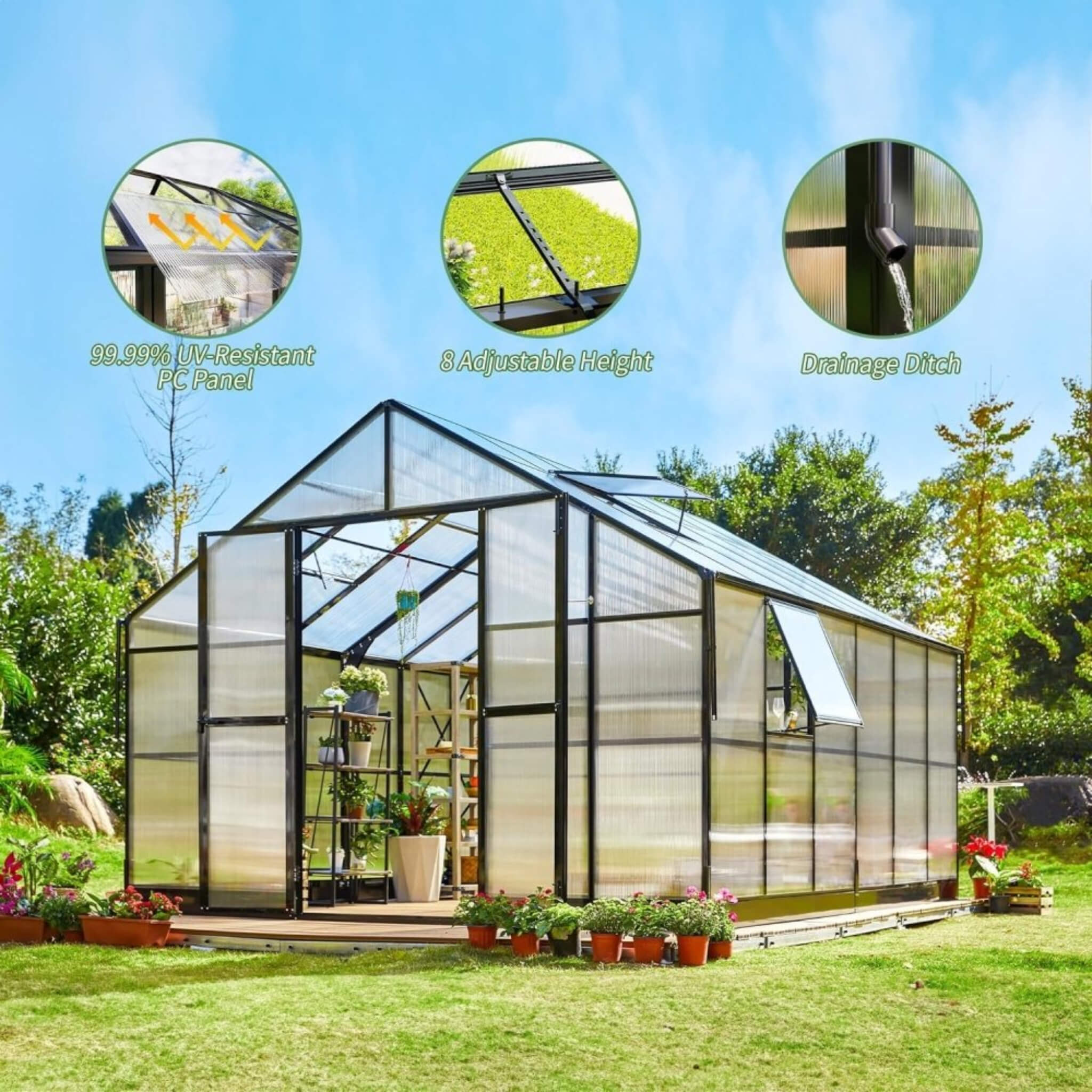 [12x13.5FT] Premium Extra Large Outdoor Aluminum Poylcarbonate Greenhouse With Quick Connect Fitting (SAK63725)