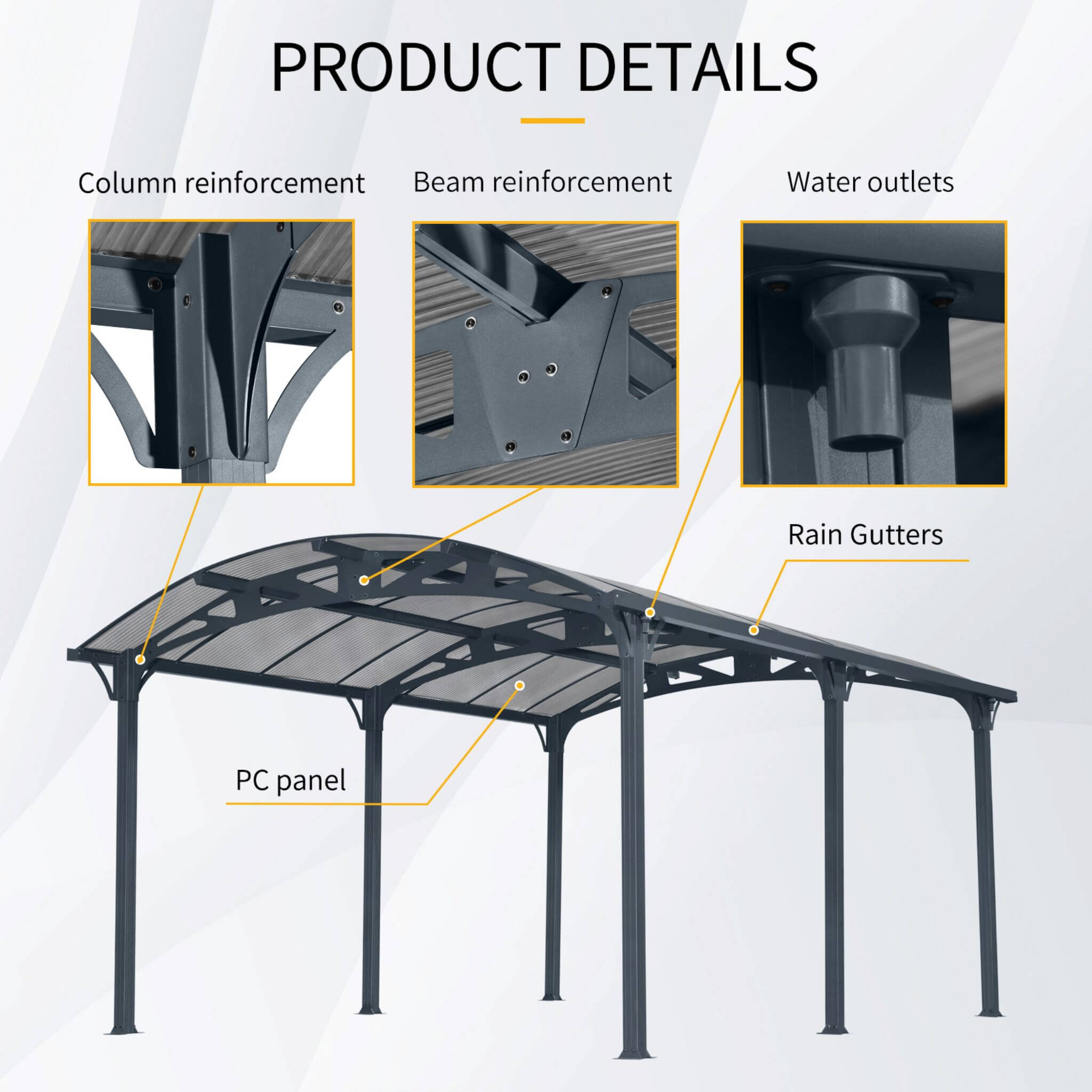 [12X16FT] Large Outdoor Aluminum Arch Carport With Polycarbonate Panels (SAK65820)