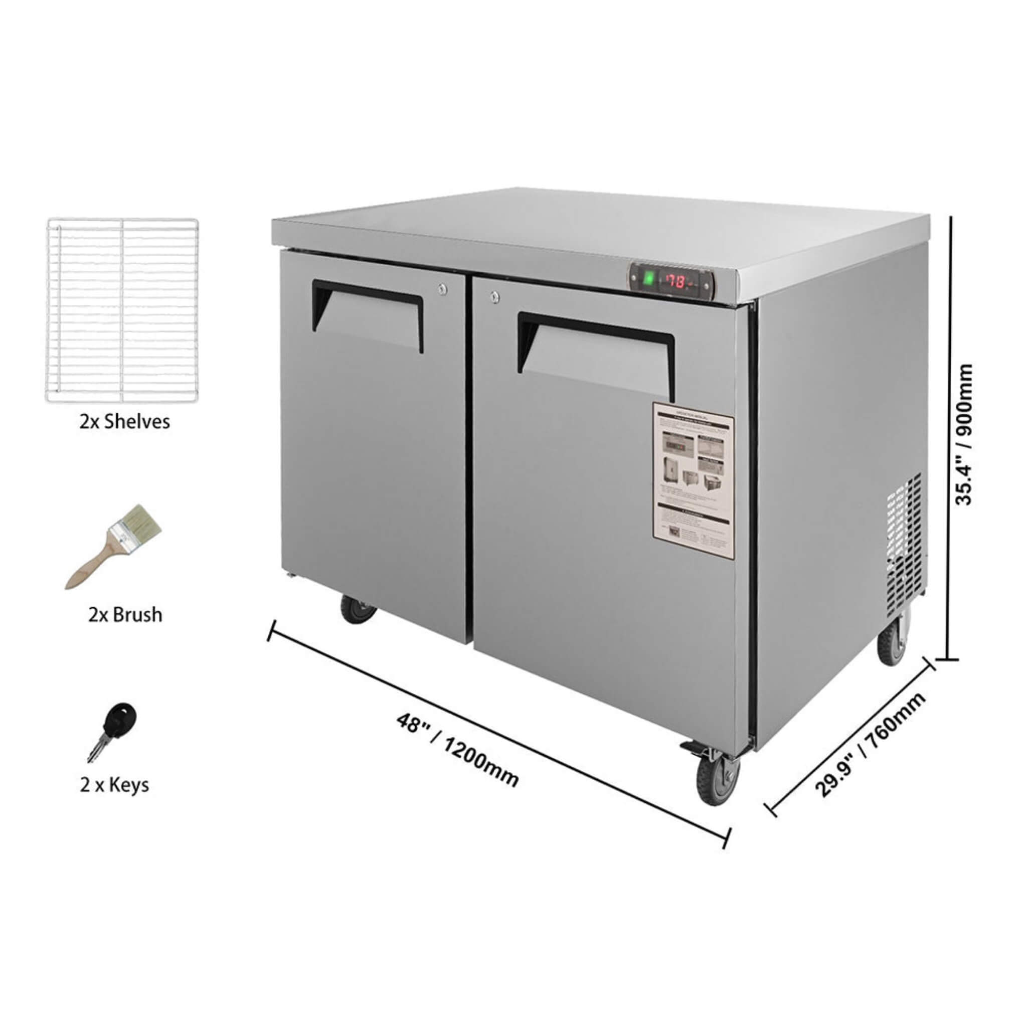 12.9 Cu.Ft 2-Door Commercial Stainless Steel Worktop Undercounter Refrigerator, 48" (SAK13725)