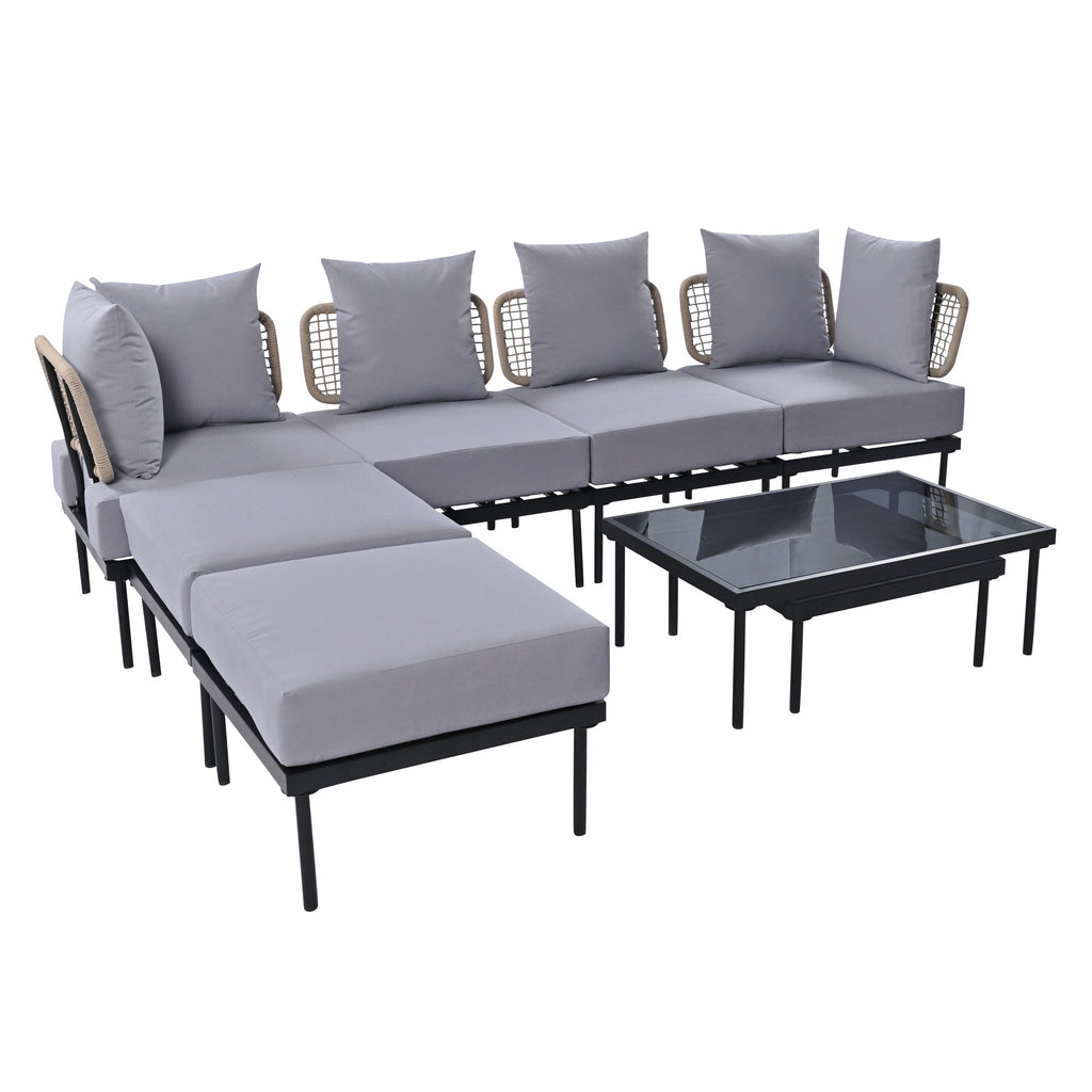 TREXM 8-Piece Patio Sectional Sofa Set with Tempered Glass Coffee Table and Wooden Coffee Table for Outdoor Oasis, Garden, Patio and Poolside (Light Grey Cushion + Black Steel)