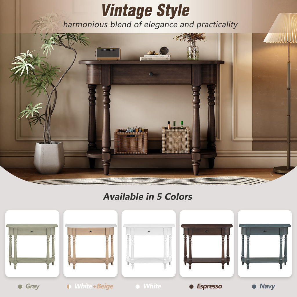 TREXM Narrow Console Table with Curved Corner, Retro Entryway Table with Top Drawer and Open Shelf, Sofa Table Console Tables for Entryway, Hallway and Living Room (Espresso)
