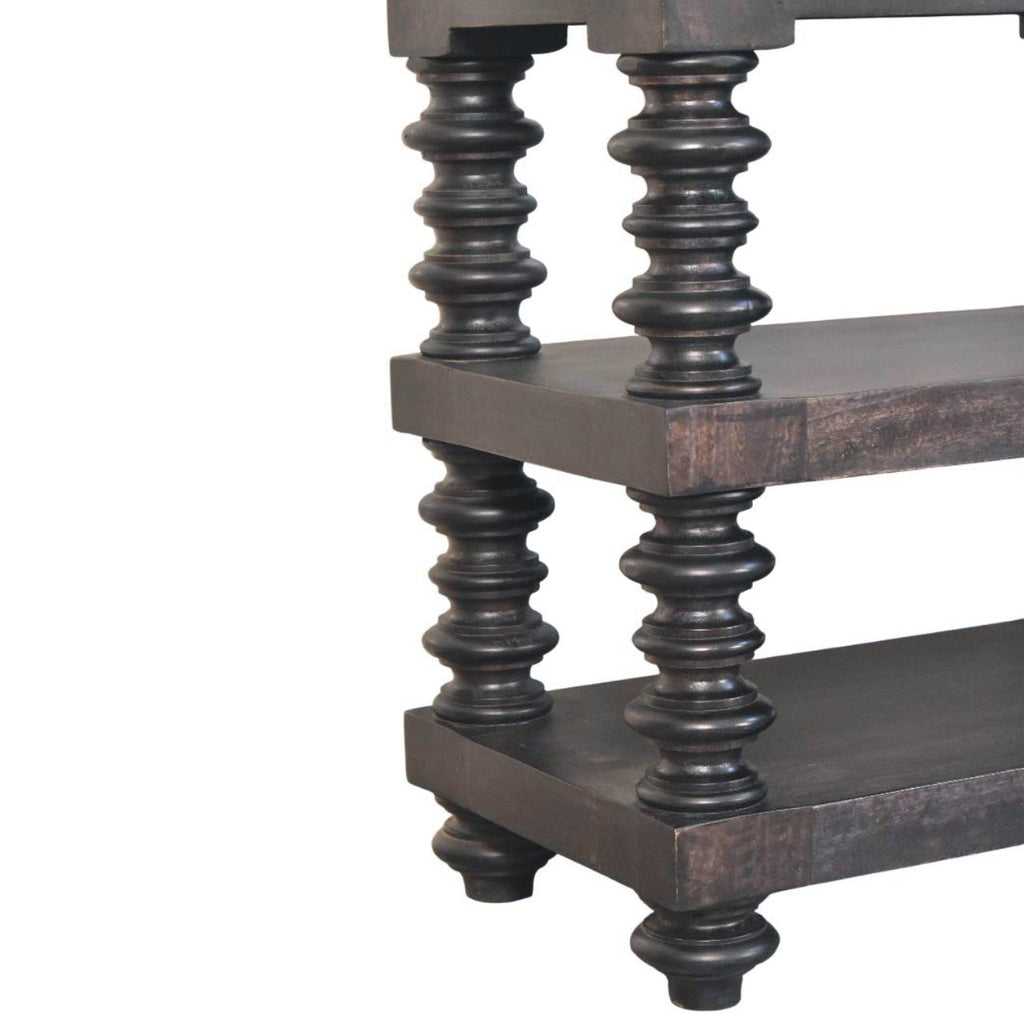 Solid Wood Spindle Shelf Console in Carbon Ash, Black with storage