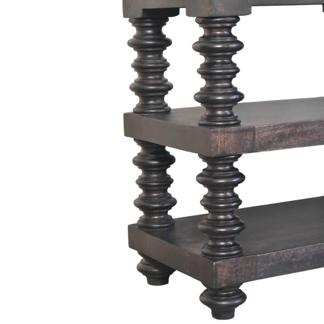 Solid Wood Spindle Shelf Console in Carbon Ash, Black with storage