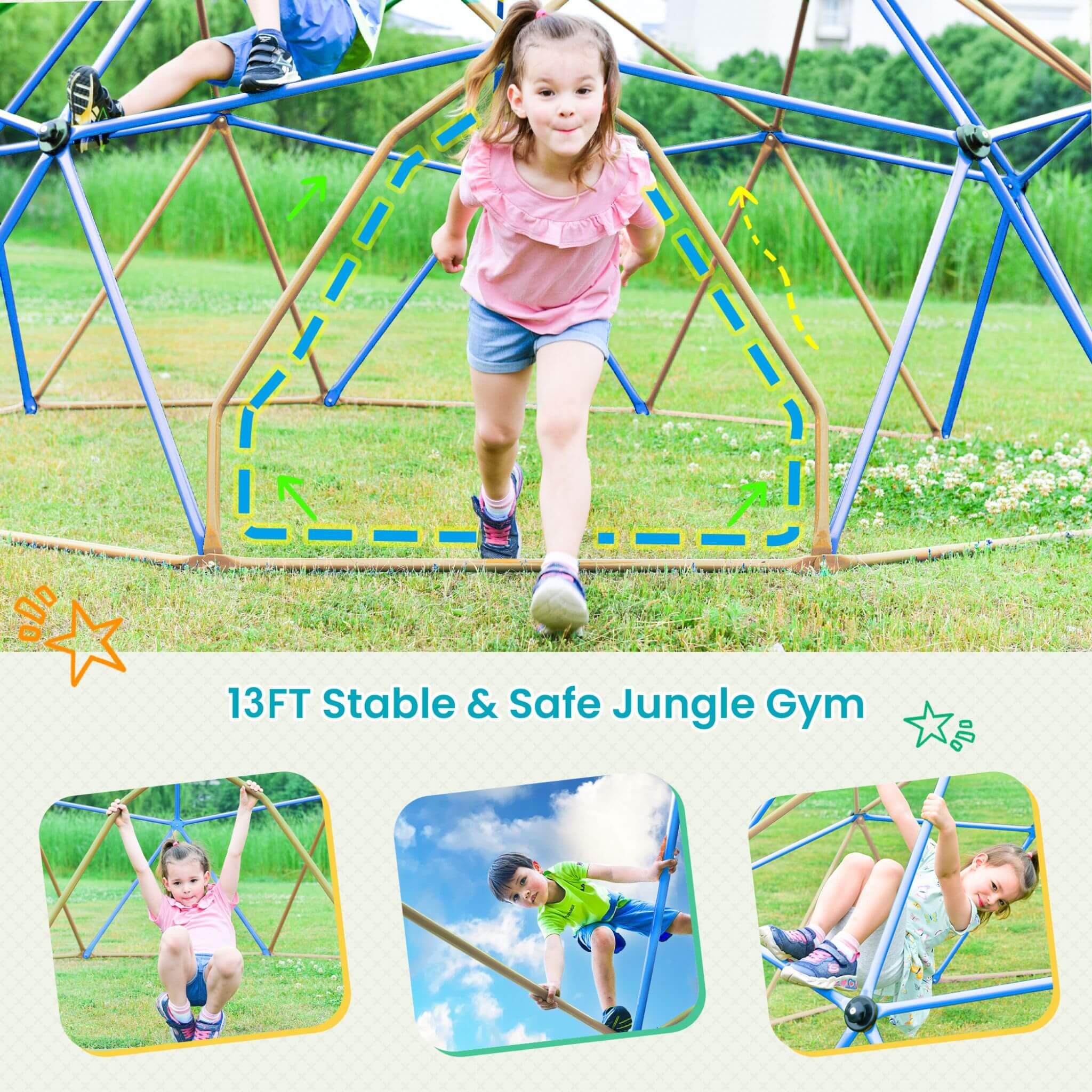 13FT Kids Climbing Jungle Gym Geometric Playground Dome Tower, 1000LBS (SAK83512)