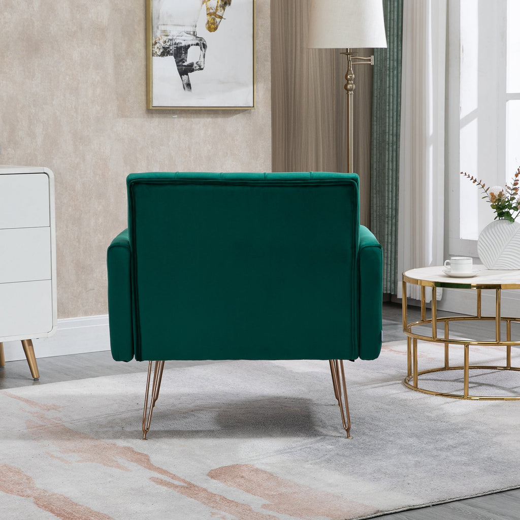 COOLMORE Velvet Armchair Single Sofa Modern Tufted Upholstered Side Reading Chairs with Arm and Gold Metal Leg for Living Room Bedroom (Green)