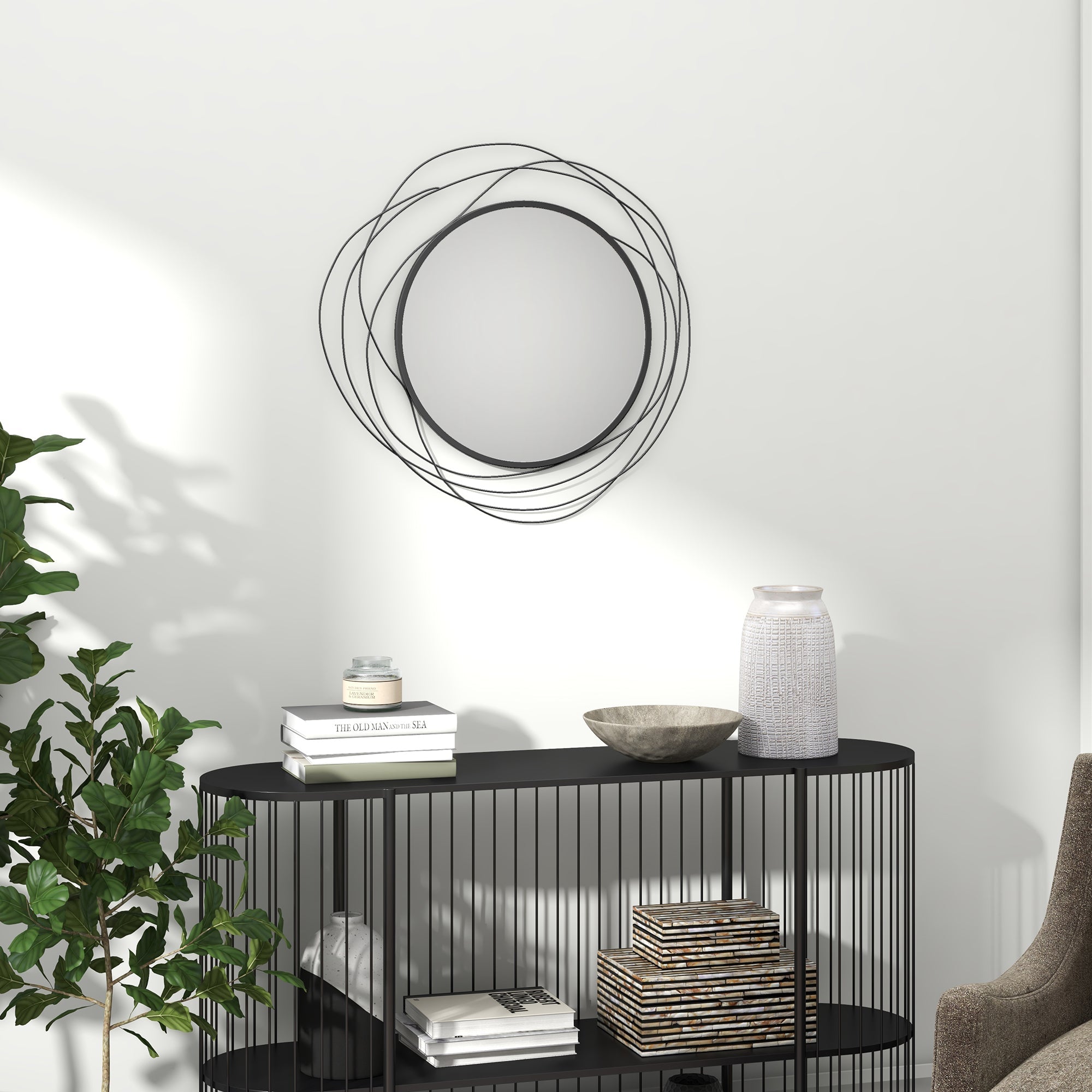 HOMCOM Metal Wall Art Modern Mirror Decor Home Hanging Wall Sculptures for Living Room Bedroom Dining Room, Black