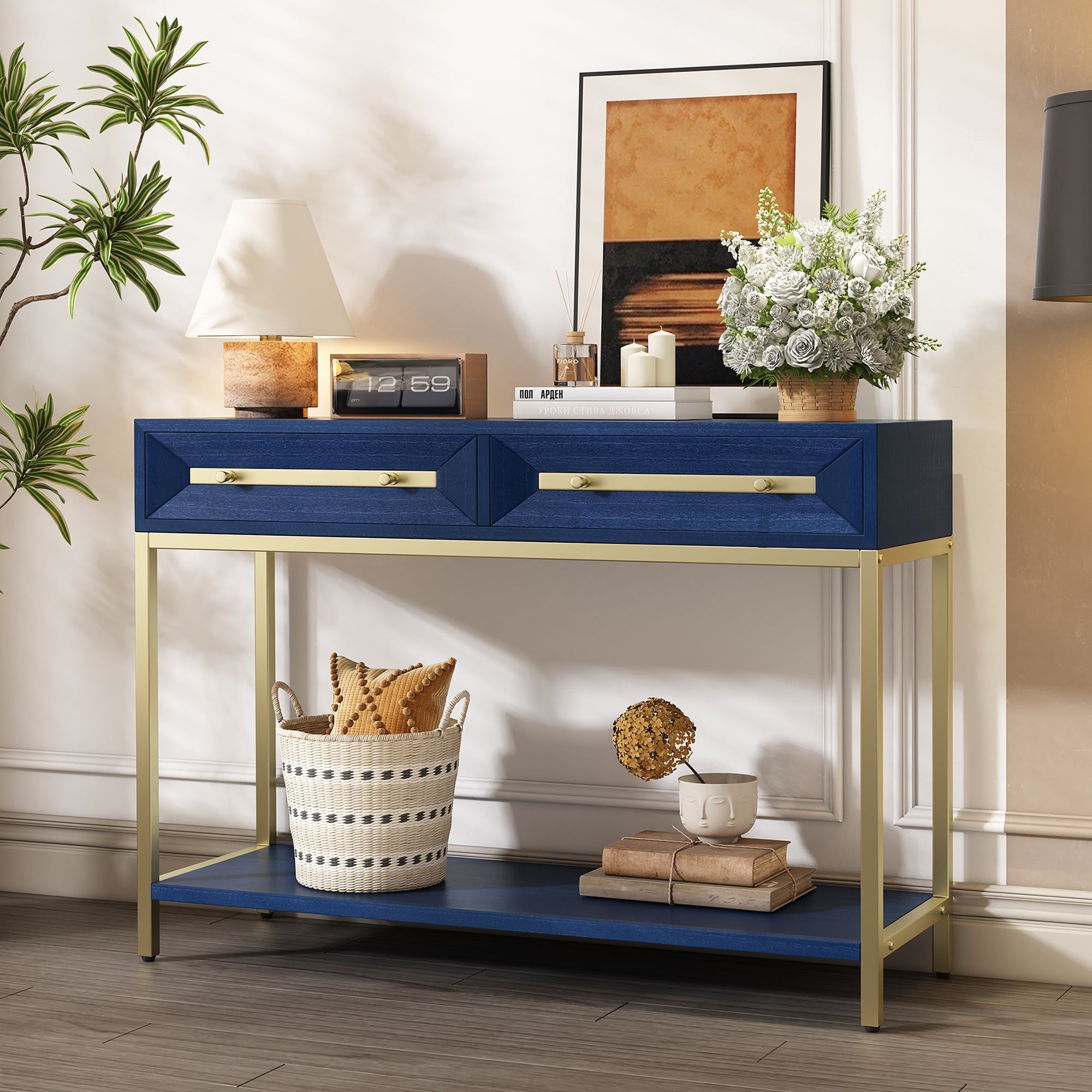TREXM Entryway Table, Console Table with Two Drawers, Retro Hallway Table with Striking Geometric Design for Entryway and Living Room (Navy)