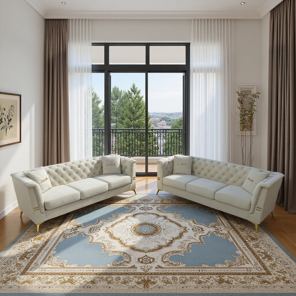 FX-P83-2PC SOFA -CW4  Modern Velvet Upholstered Sofa Set of 2, Cream White 3-Seater Sofas with Gold Metal Legs Contemporary Living Room Furniture for Family Homes, Apartments, and Lounge Spaces