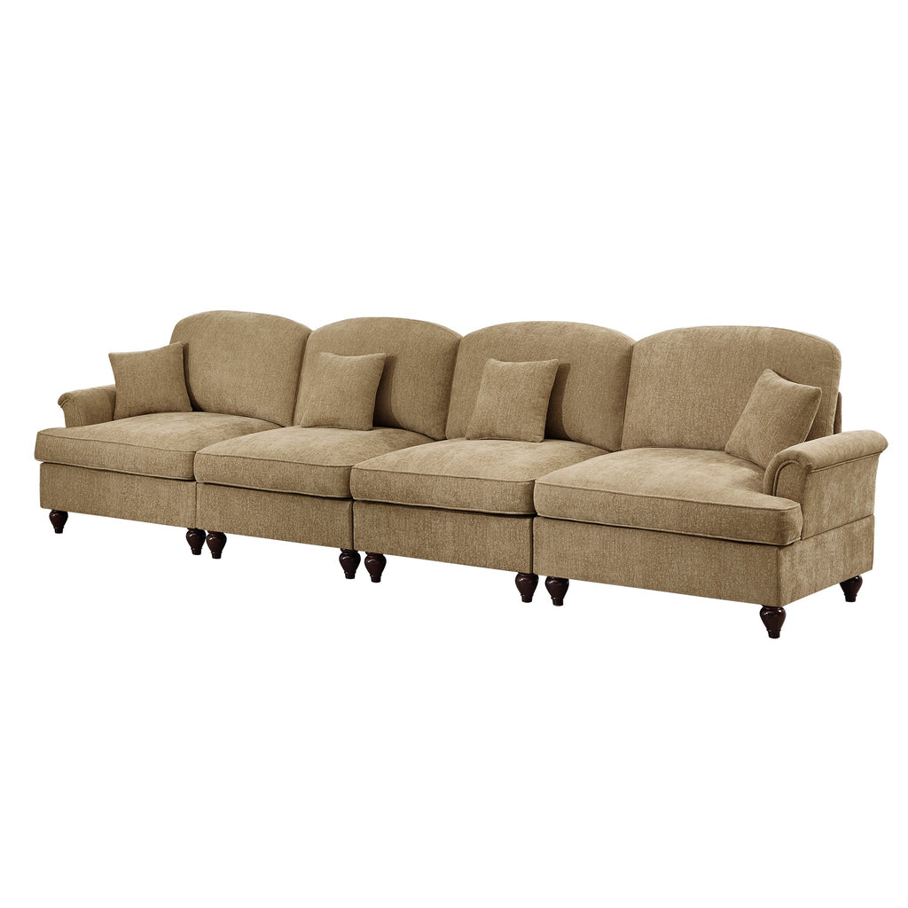 Elegant Mid Century Large 4 Seater Sofa Couch with Flared Arms and Removable Ruffles Pleats Skirts and Spindle Legs, Comfy Chenille Four-Seat Sofa for Living Room, Light Coffee