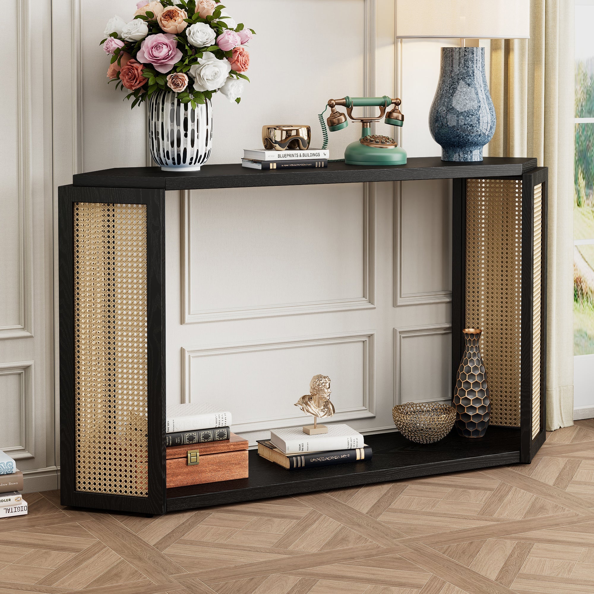 TREXM Narrow Console Table with Unique Irregular Top Design, Entryway Table with Open Shelf, Rattan Sofa Table for Living Room Hallway and Entrance (Black)