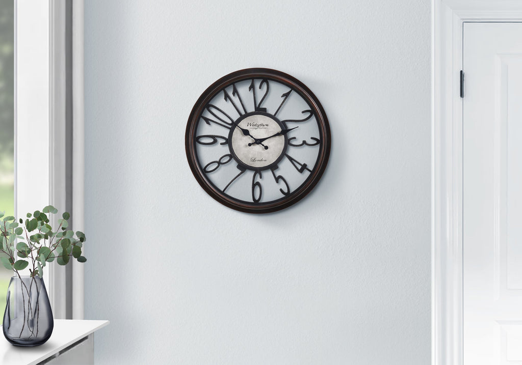 Clocks, 16' Round, Wall Clock, Antique Brown, Transitional