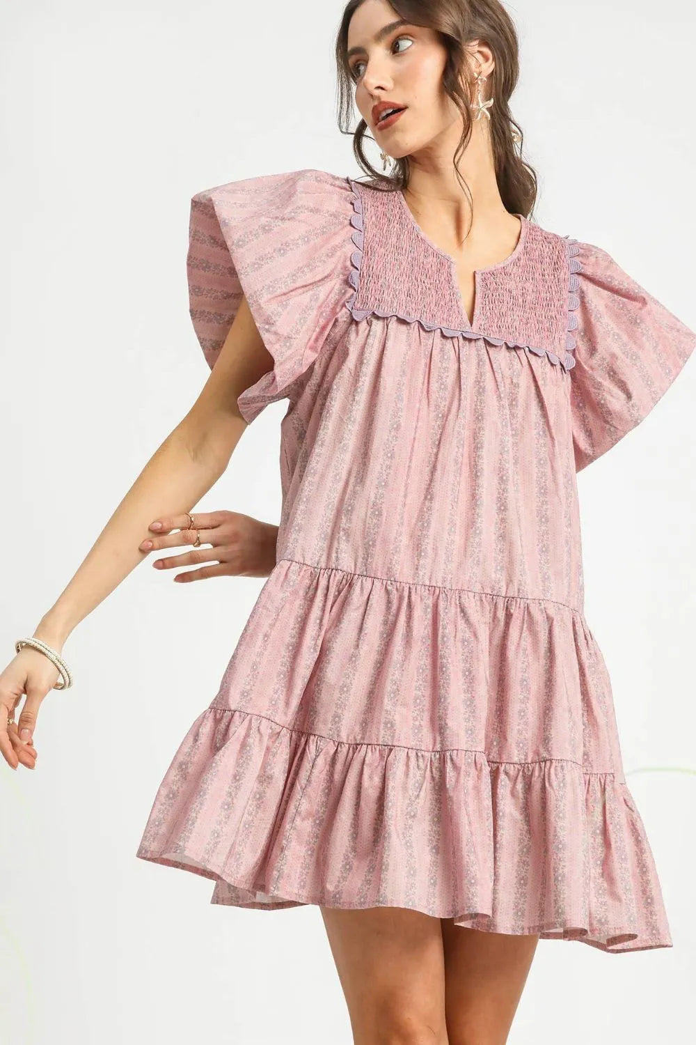 Umgee Floral Ruffled Cap Sleeve Tiered Mini Dress