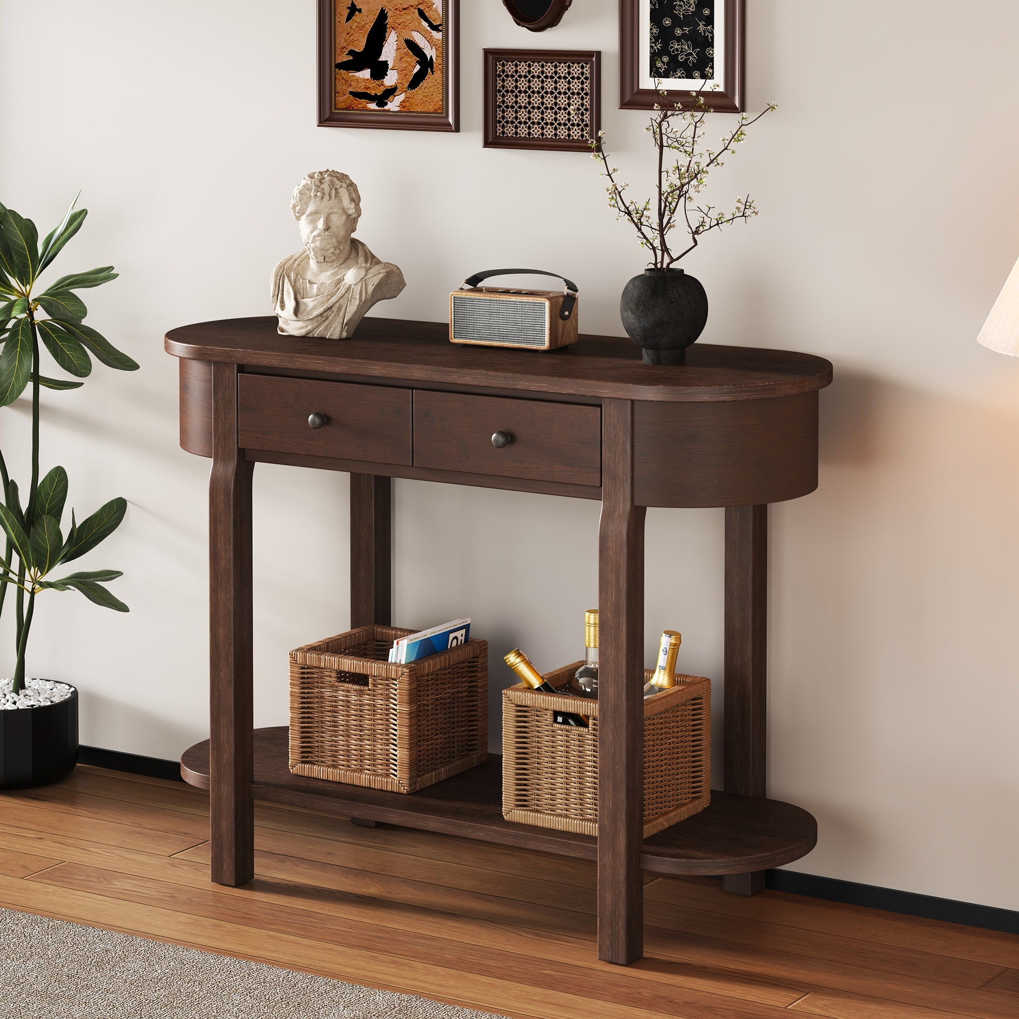 TREXM Elegant Retro Console Table with Curved Design and Smooth Glaze for Entryways, Living Rooms and hallways (Espresso)