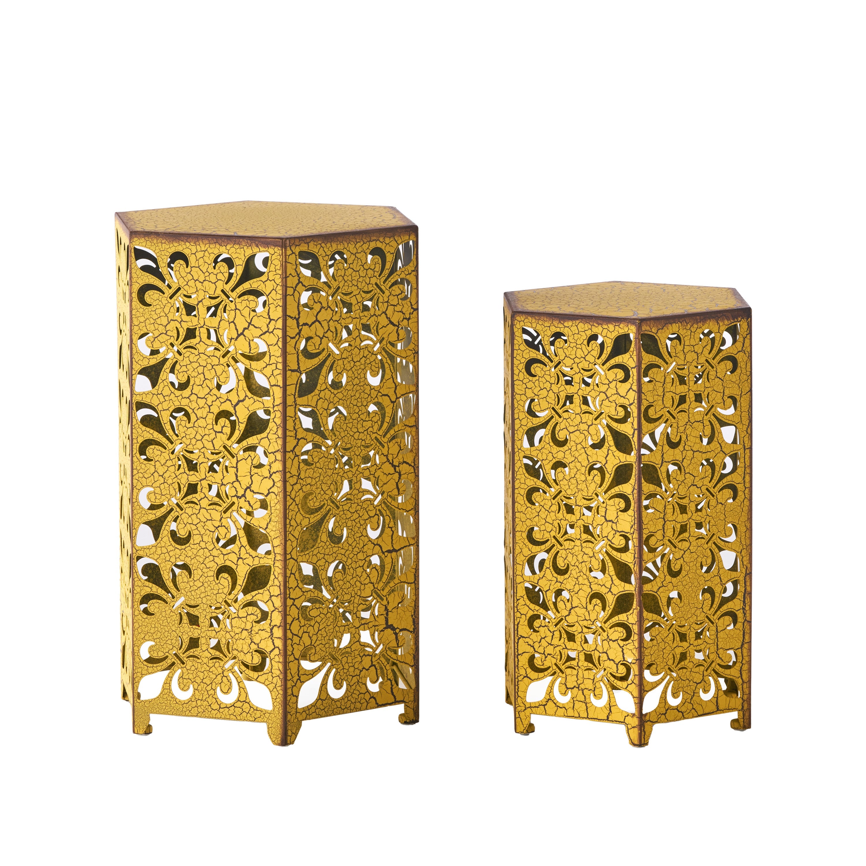 Outdoor Hexagonal Accent Table Set with Charming Fleur-de-lis Panel Sides, Antique Yellow
