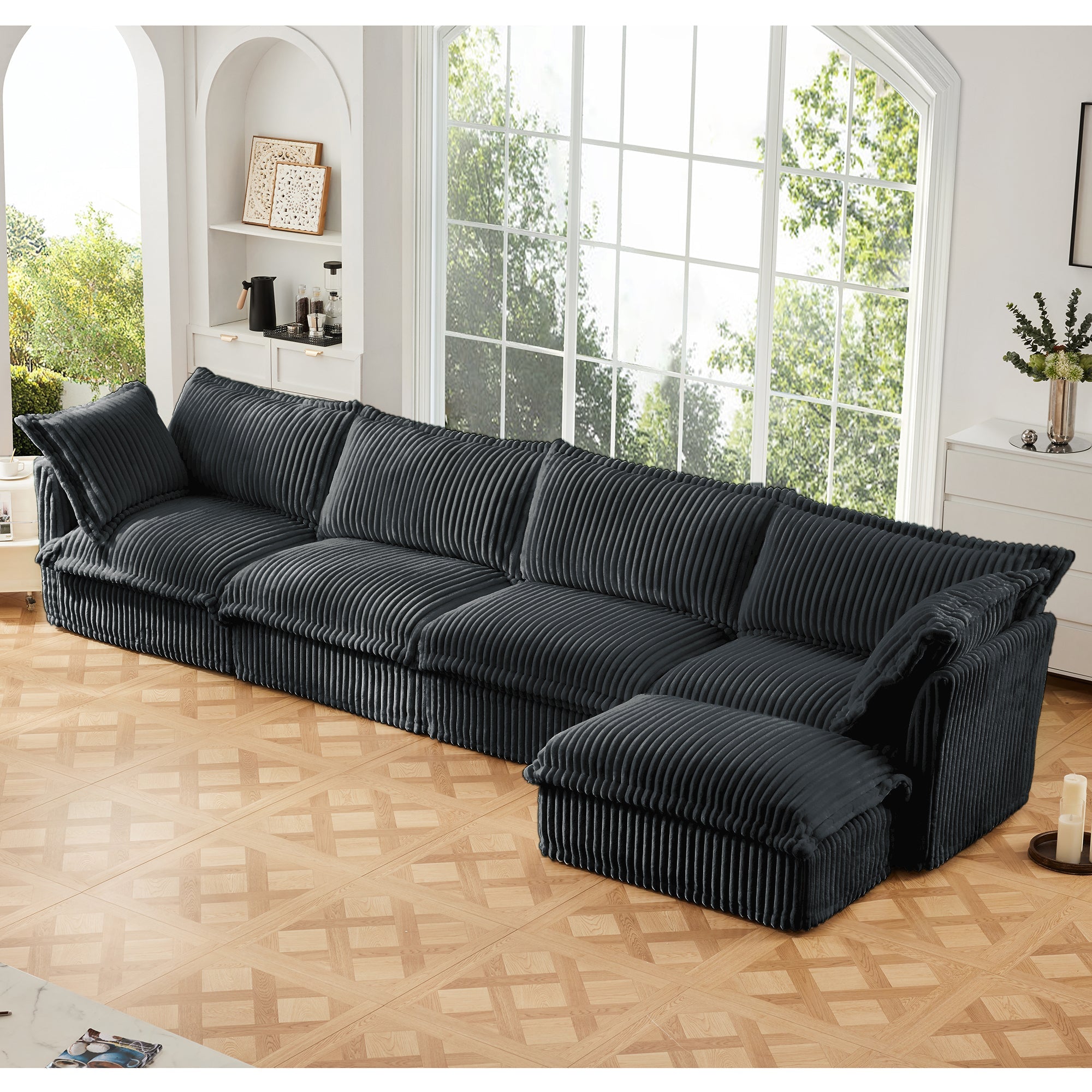 Slipcovered L Shape Sectional Long Sofa Couch, 4 Seater Sofa with Suppleness Armrests,Deep Seat Sofa with 2 Big Pillows, Comfy Couch for Living Room, Apartment, Gray
Corduroy Fabric