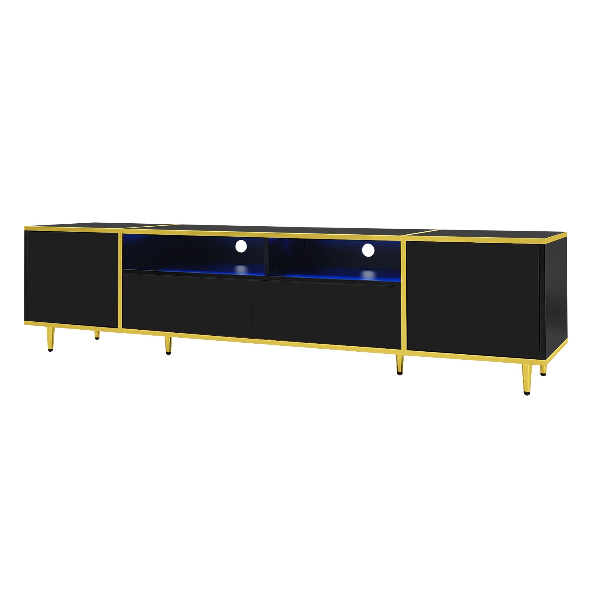 U-Can 70.9'' Modern TV Stand for TVs up to 80 Inches, Entertainment Center with 2 Shelves and  LED Lights, TV Storage Cabinet with 2 Drawers, 2 Cabinets and Metal Legs for Living room