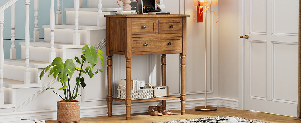 TREXM Narrow Console Table, Slim Sofa Table with Three Storage Drawers and Bottom Shelf (Natural)