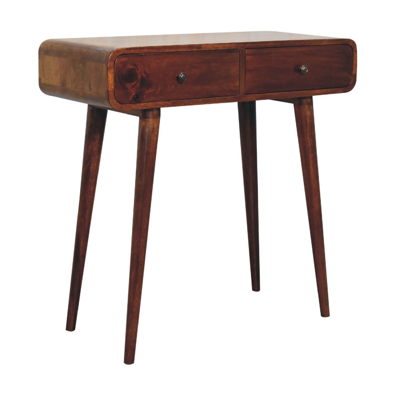 Solid Wood Chestnut Curved Hallway Table, 2-Drawers, Nordic Legs, Dark Brown