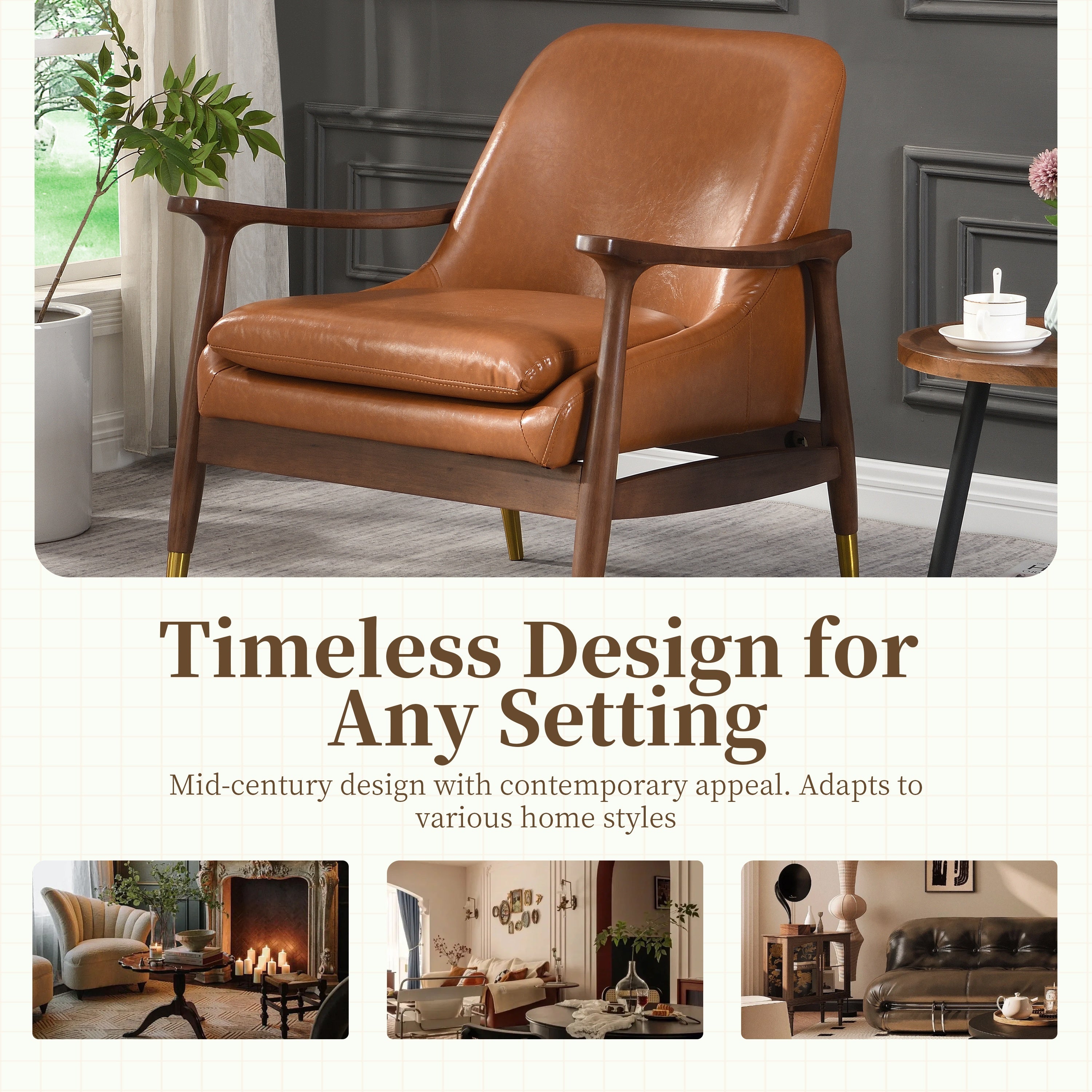 Mid-Century Faux Leather Accent Chair with Cushioned Seat, Solid Wood Frame, Brass-Tipped Legs, Brown
