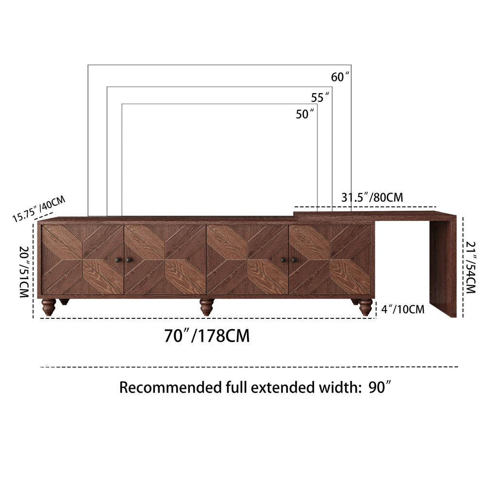70'-90' Extendable TV Cabinet, Modern Entertainment Center with Storage and Adjustable Shelves, Mid 
Century Lacquered and Real Wood Veneered TV Console for Living Room, Hallway, Entryway, Walnut
