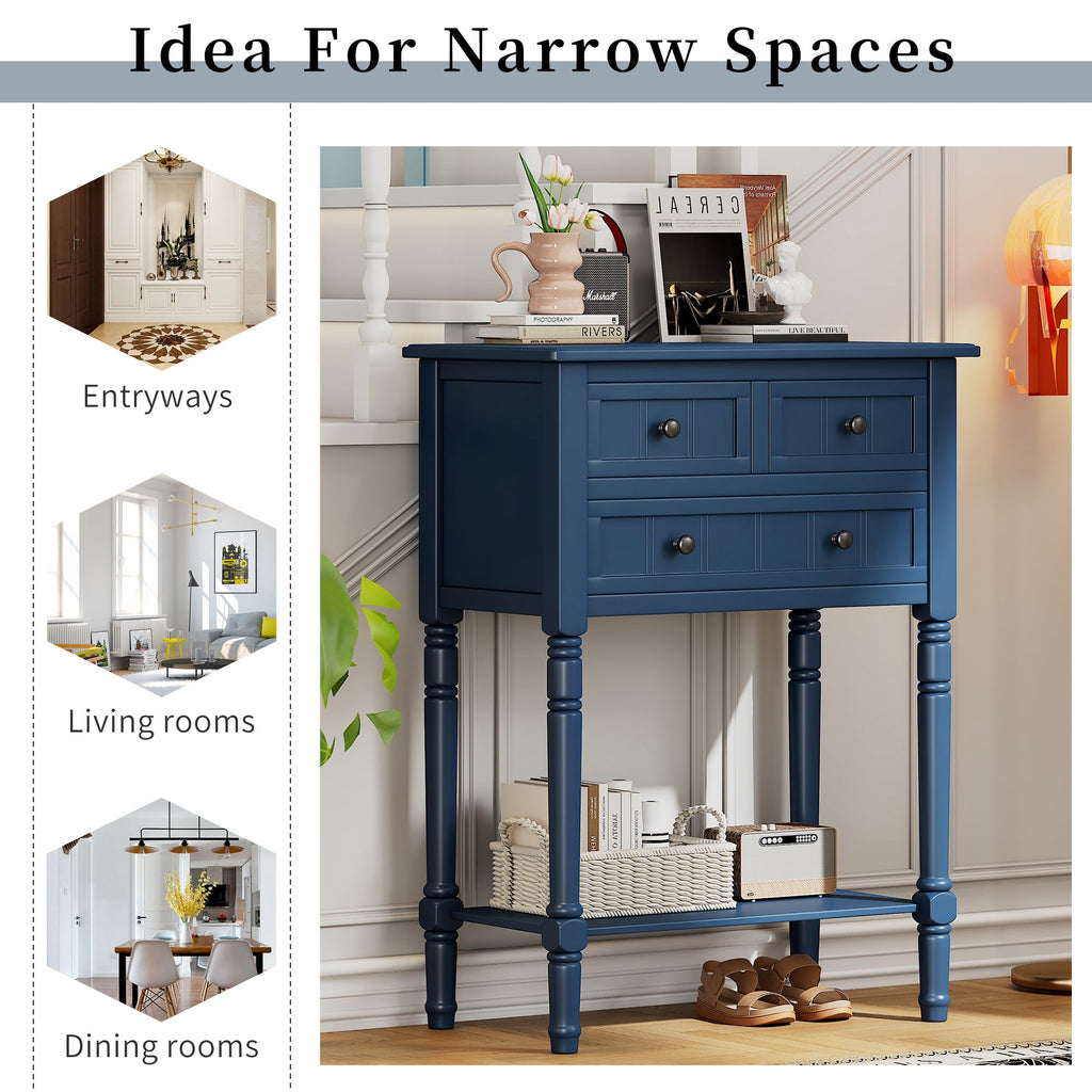 TREXM Narrow Console Table, Slim Sofa Table with Three Storage Drawers and Bottom Shelf (Navy)