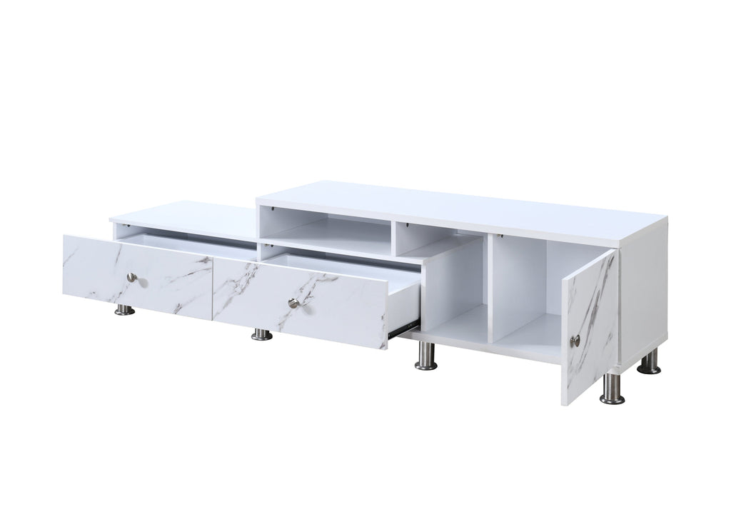 1pc Modern Sleek White Finish Faux Marble Accents Silver-tone Legs TV Stand Console Living Room Furniture