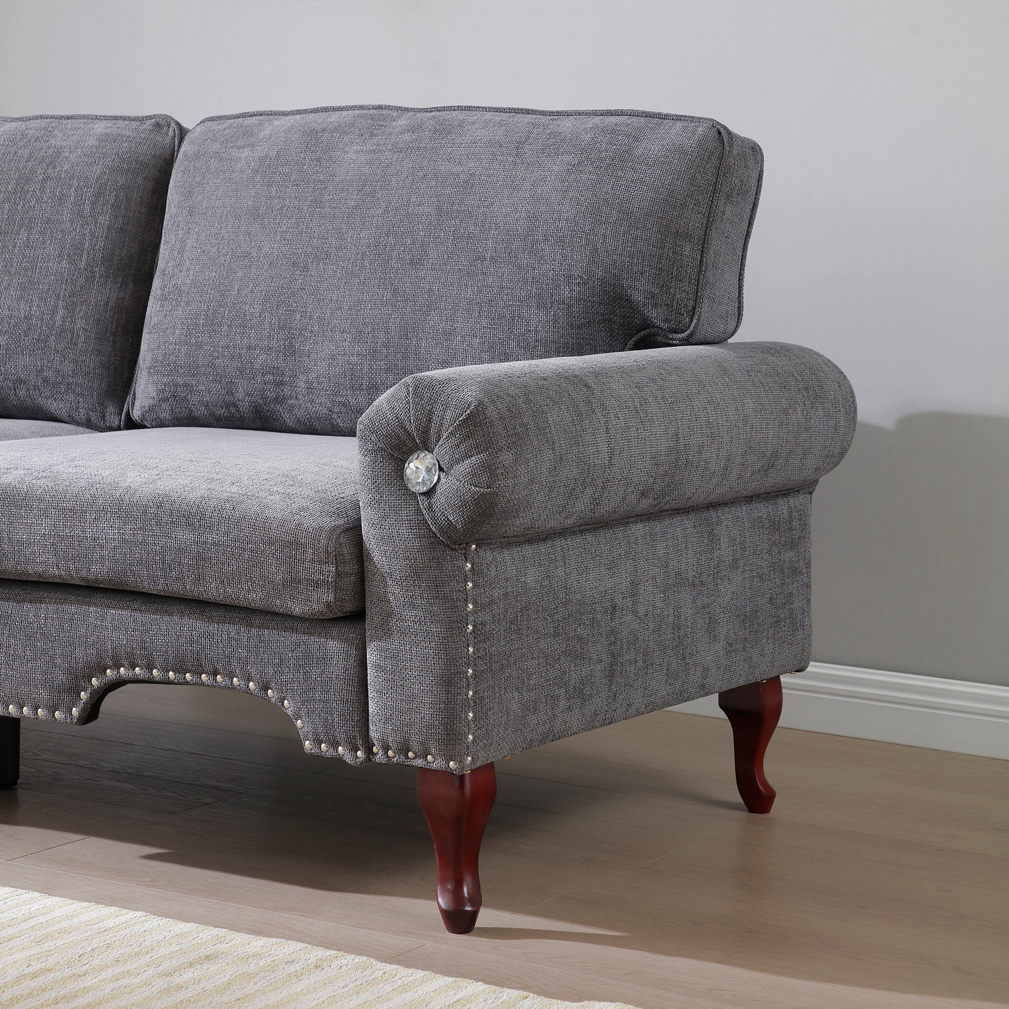 80-Inch Modern Velvet  3 seat Sofa with Wooden Legs & Crystal button and Copper Nail, Tufted Backrest, Perfect for Living Room, Bedroom, or Office (Grey)