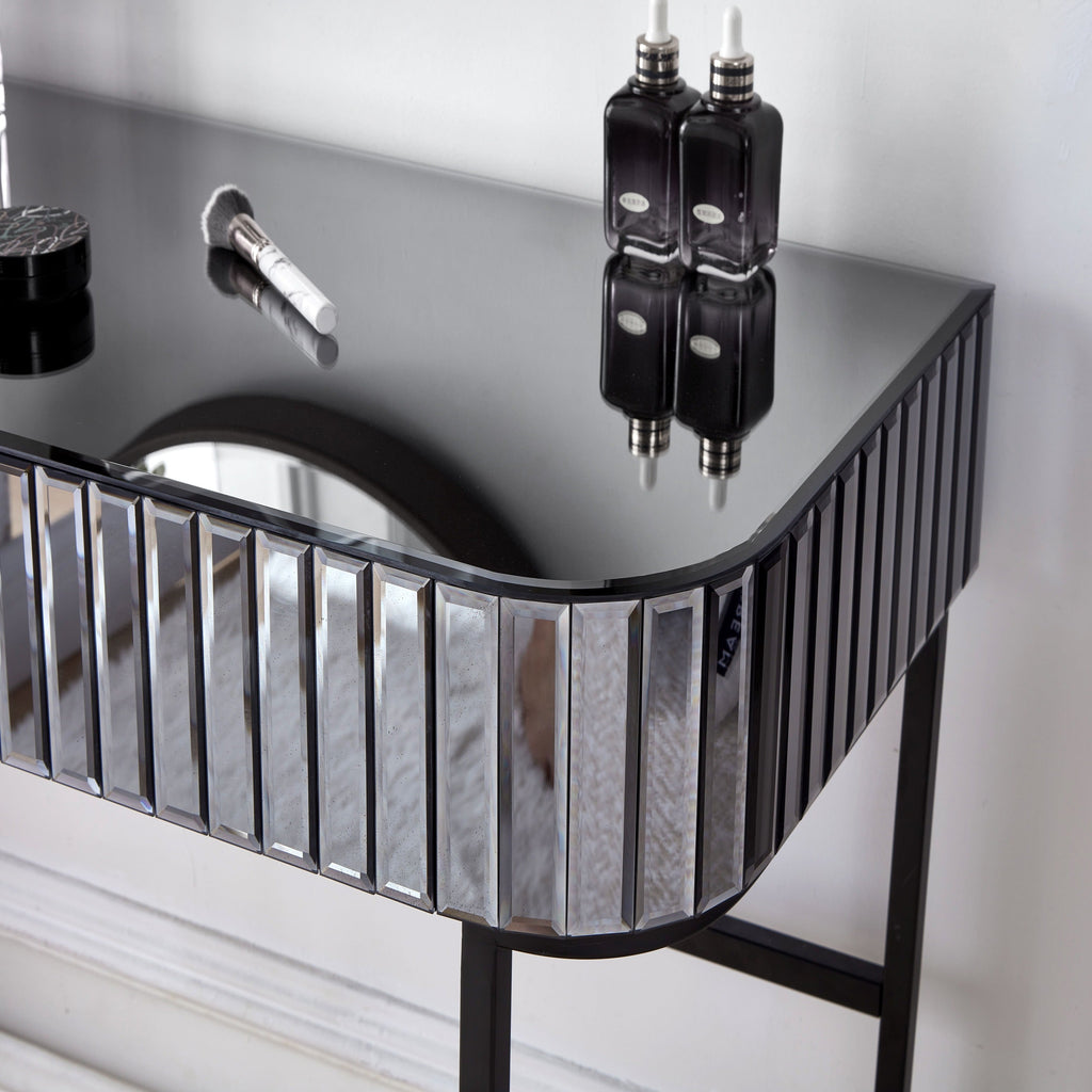 39' Mirrored Makeup Vanity Table with Stainless Steel Base, Mirrored Console Dressing Table with 2 Drawers,Versatile Desk for Bedroom and Office, Gray