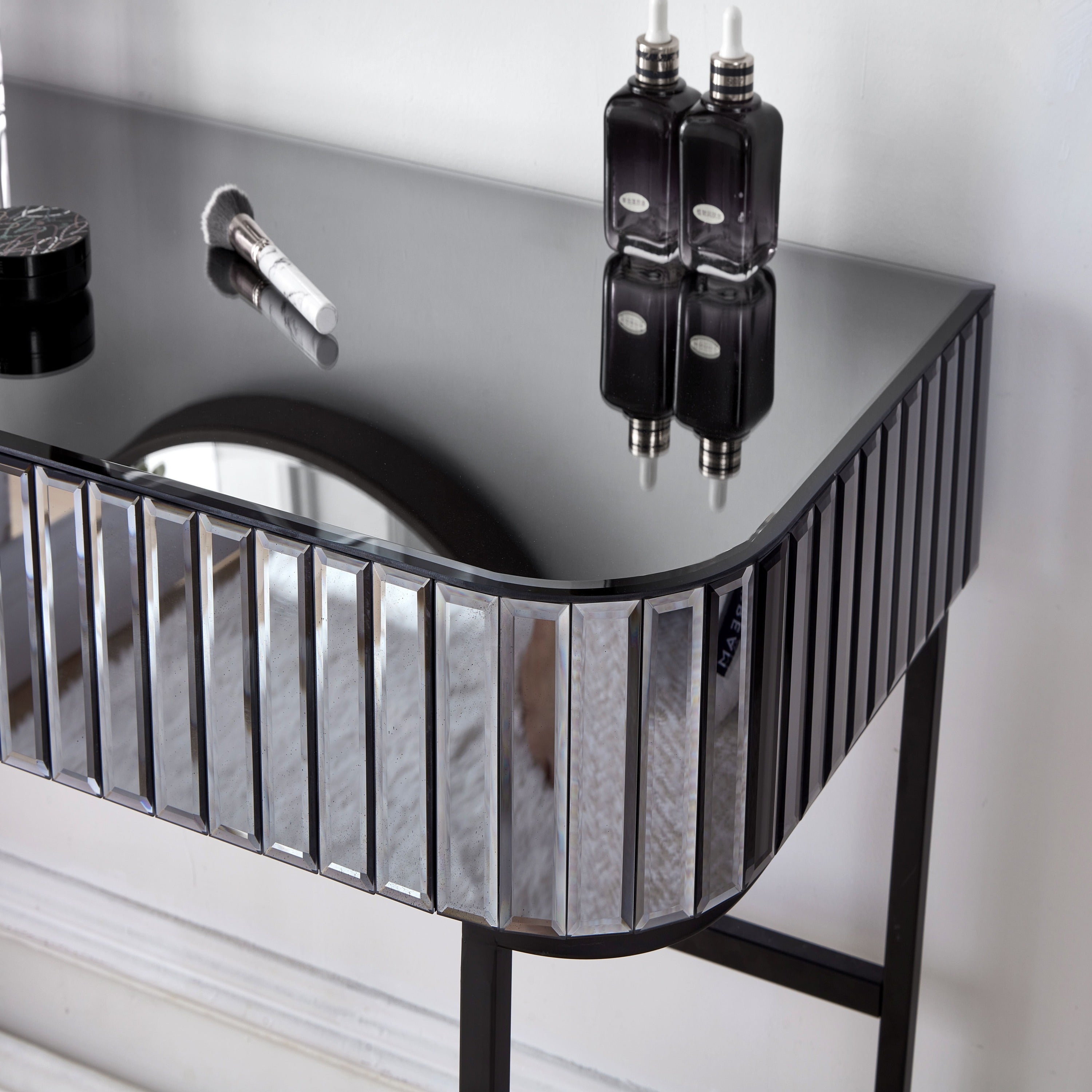 39' Mirrored Makeup Vanity Table with Stainless Steel Base, Mirrored Console Dressing Table with 2 Drawers,Versatile Desk for Bedroom and Office, Gray