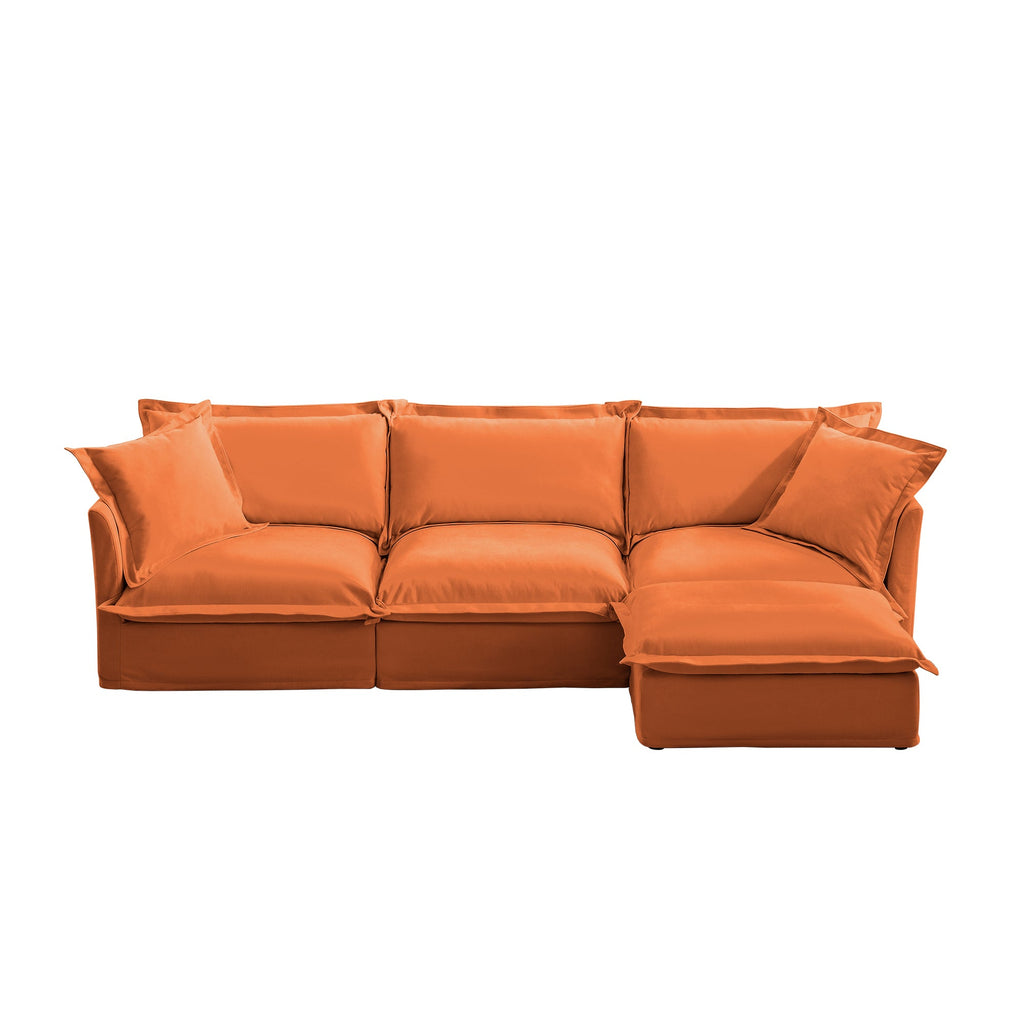 L-Shaped Slipcovered Sectional Sofa Couch, Comfy Chenille Deep Seat Cloud Couch with Convertible Ottoman & 2 Big Pillows, Modern Oversized 3 Seater Slipcovered Sofa Set for Living Room Office, Orange