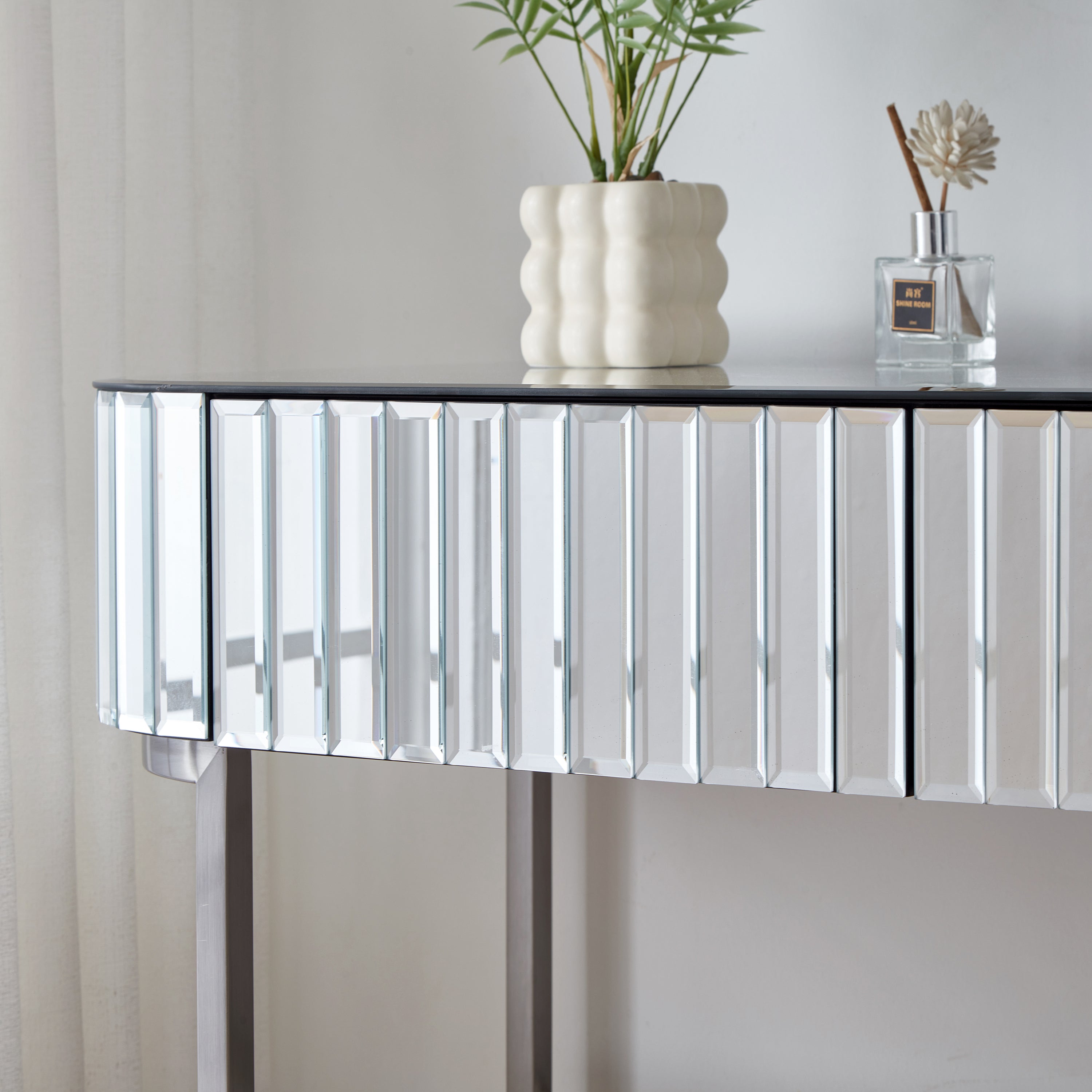 39' Mirrored Makeup Vanity Table with Stainless Steel Base, Mirrored Console Dressing Table with 2 Drawers,Versatile Desk for Bedroom and Office, Silver