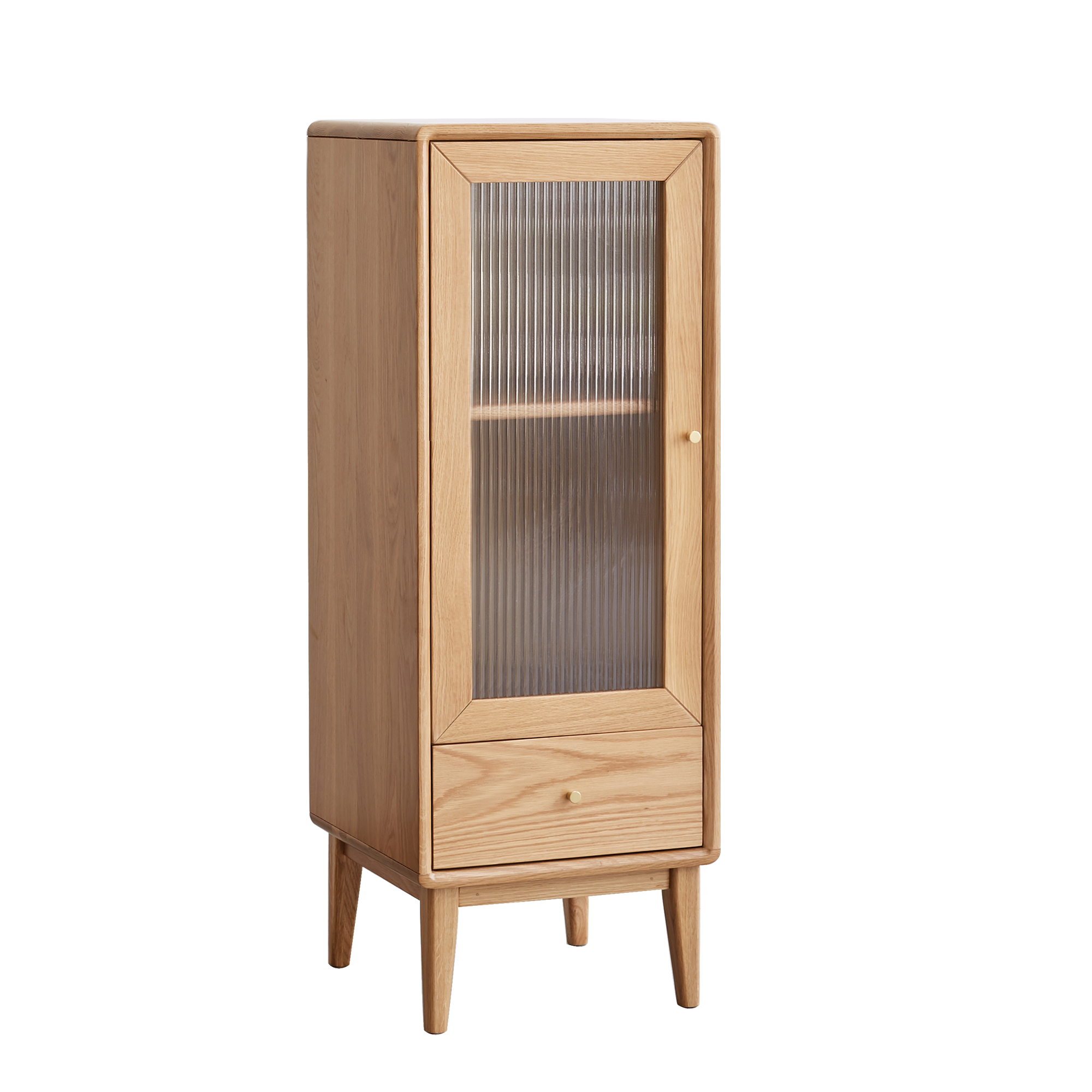Solid Oak Storage Cabinet with Vintage Glass Door and Brass Handle, 2 Shelves, 1 Drawer - Free-Standing Corner Design for Living Room
