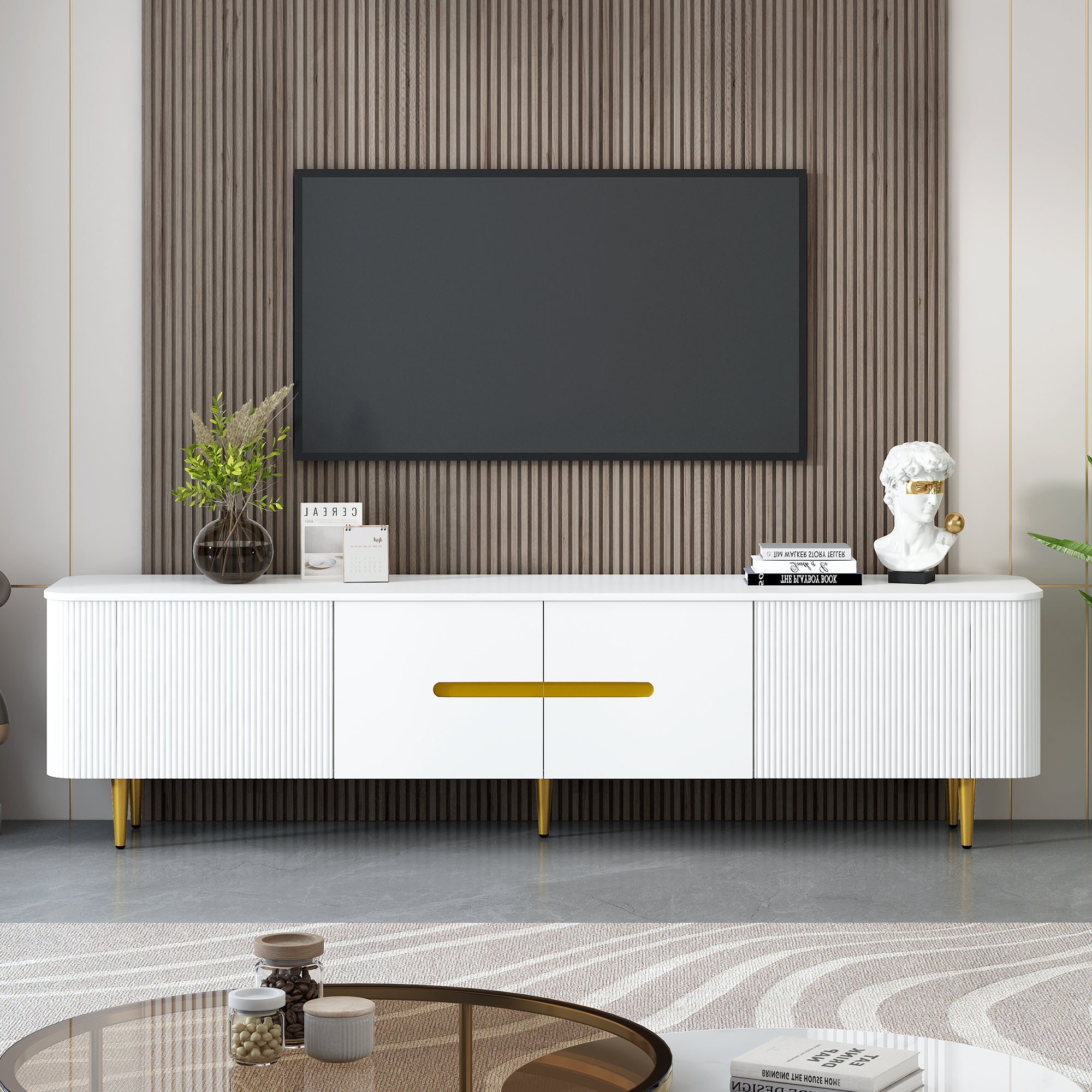 U-Can 78.7''Minimalist TV Stand for TVs up to 85 Inches, Modern Entertainment Center Media Console with 4 Spacious Cabinets for Living room(OLD SKU: SJ000125AAK)