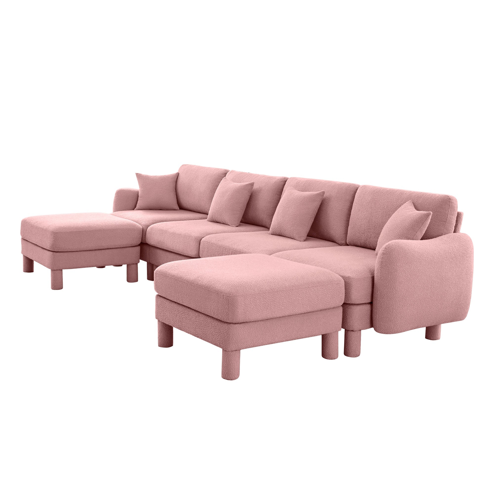 Boucle Fabric U Shape Sectional 4-seater Sofa Couch With Distinctive Shell-shaped Armrests And 2 Movable Ottomans,Cylindrical Legs Wrapped with Self-fabric,Pink Color