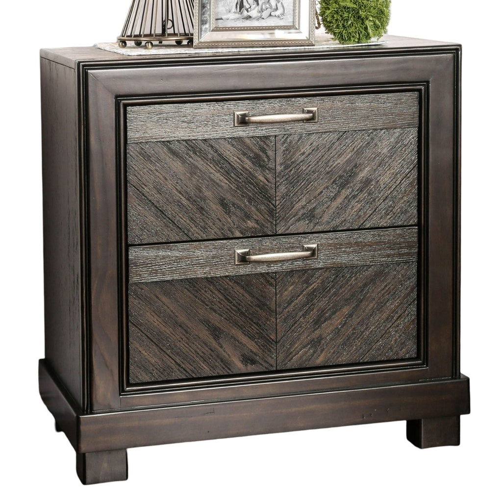 Espresso Color 1pc Nightstand V-Shape Plank Design Bedroom Furniture Bedside Table Nickel Bar Pull Solidwood 2- Storage Drawers