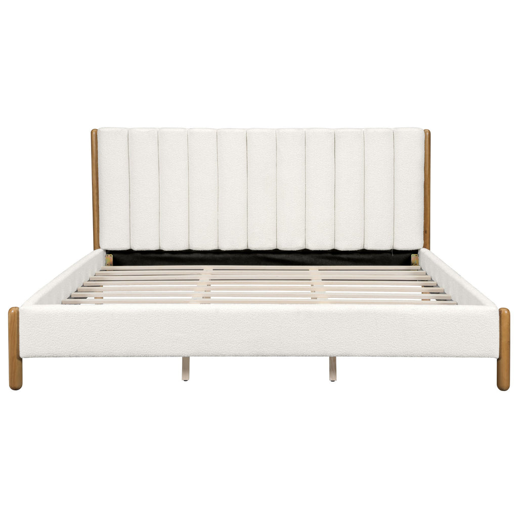 California King Size Bed Frame with Boucle Upholstered Thick Headboard, Solid Wooden Legs, White