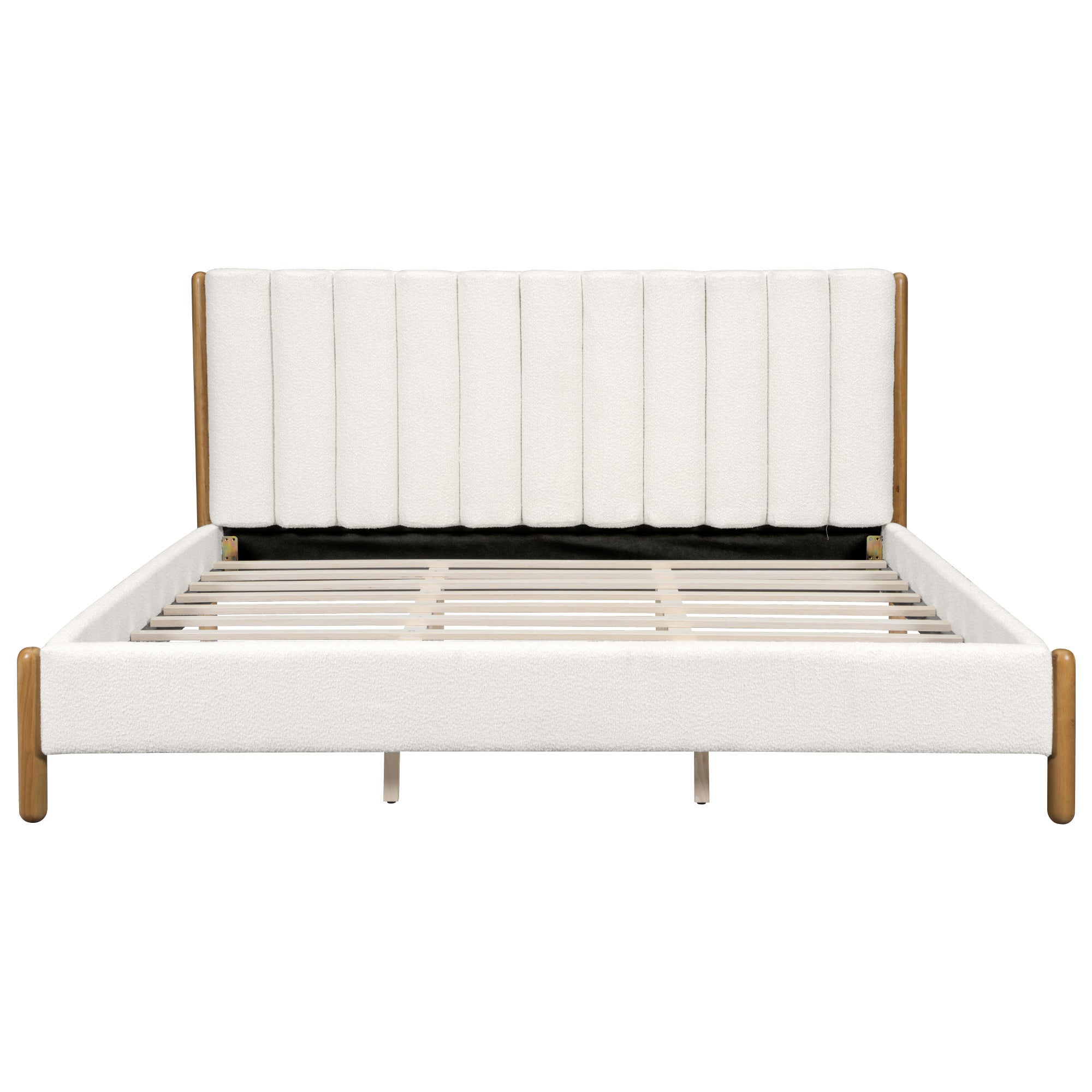 California King Size Bed Frame with Boucle Upholstered Thick Headboard, Solid Wooden Legs, White
