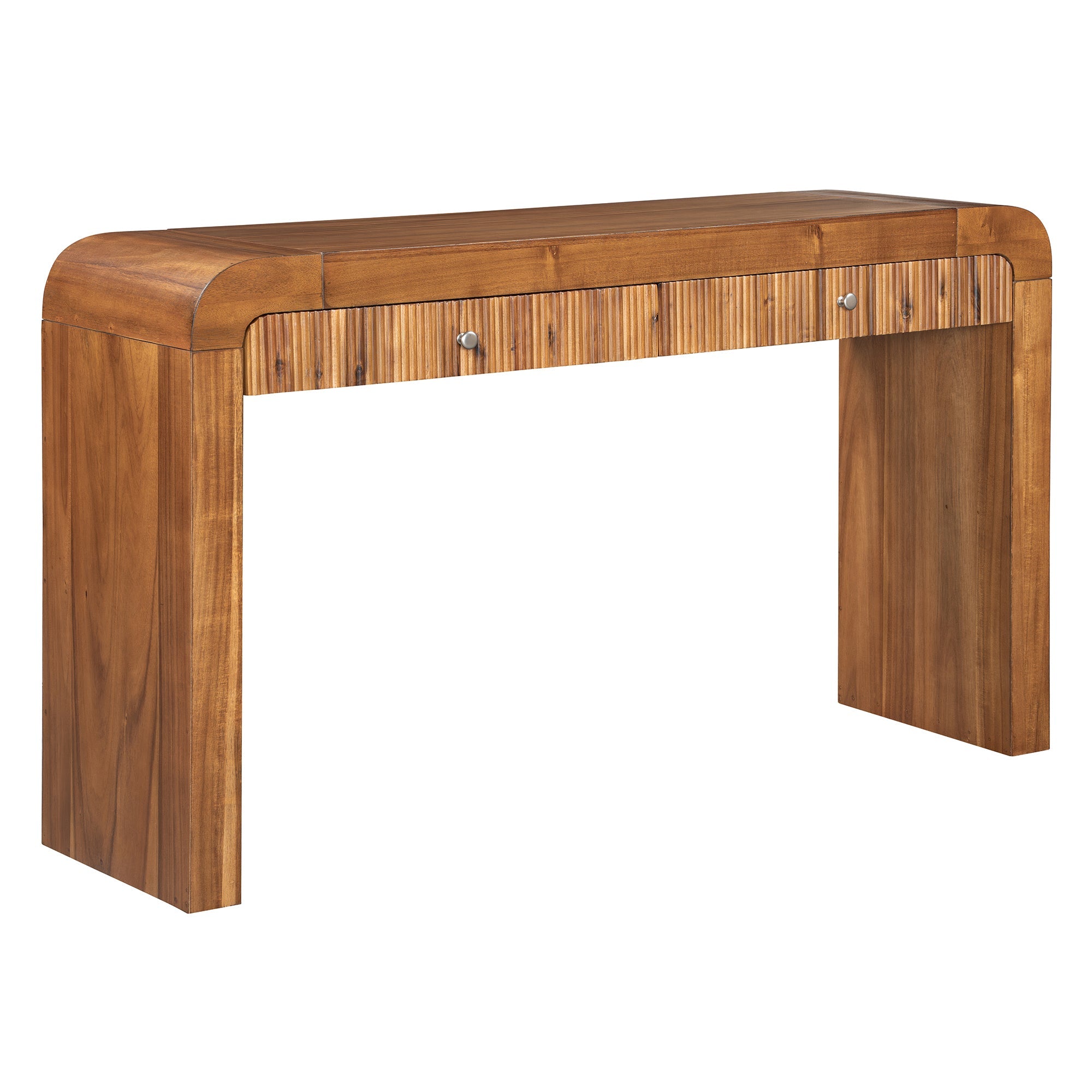 TREXM Rustic Console Table with Fluted Drawer Front, Entryway Table with Curved Corners & Thick Legs, Sturdy Sofa Table for Hallway & Living Room (Brown)