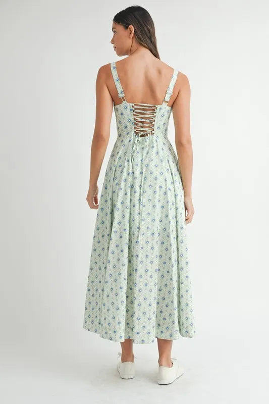 MABLE Floral Print Bustier Back Lace Up Midi Dress